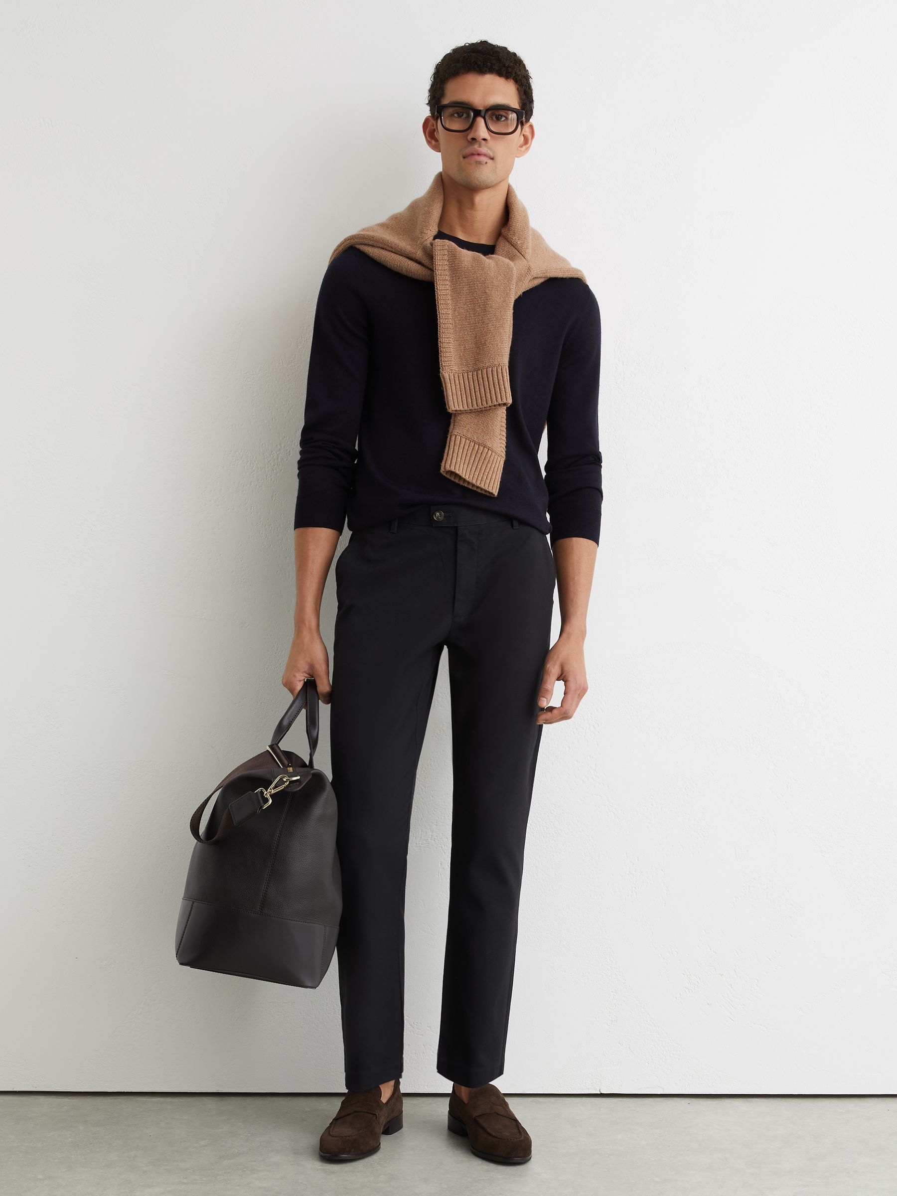 Cotton Pique Chino Trousers in Navy - Image 1 of 7