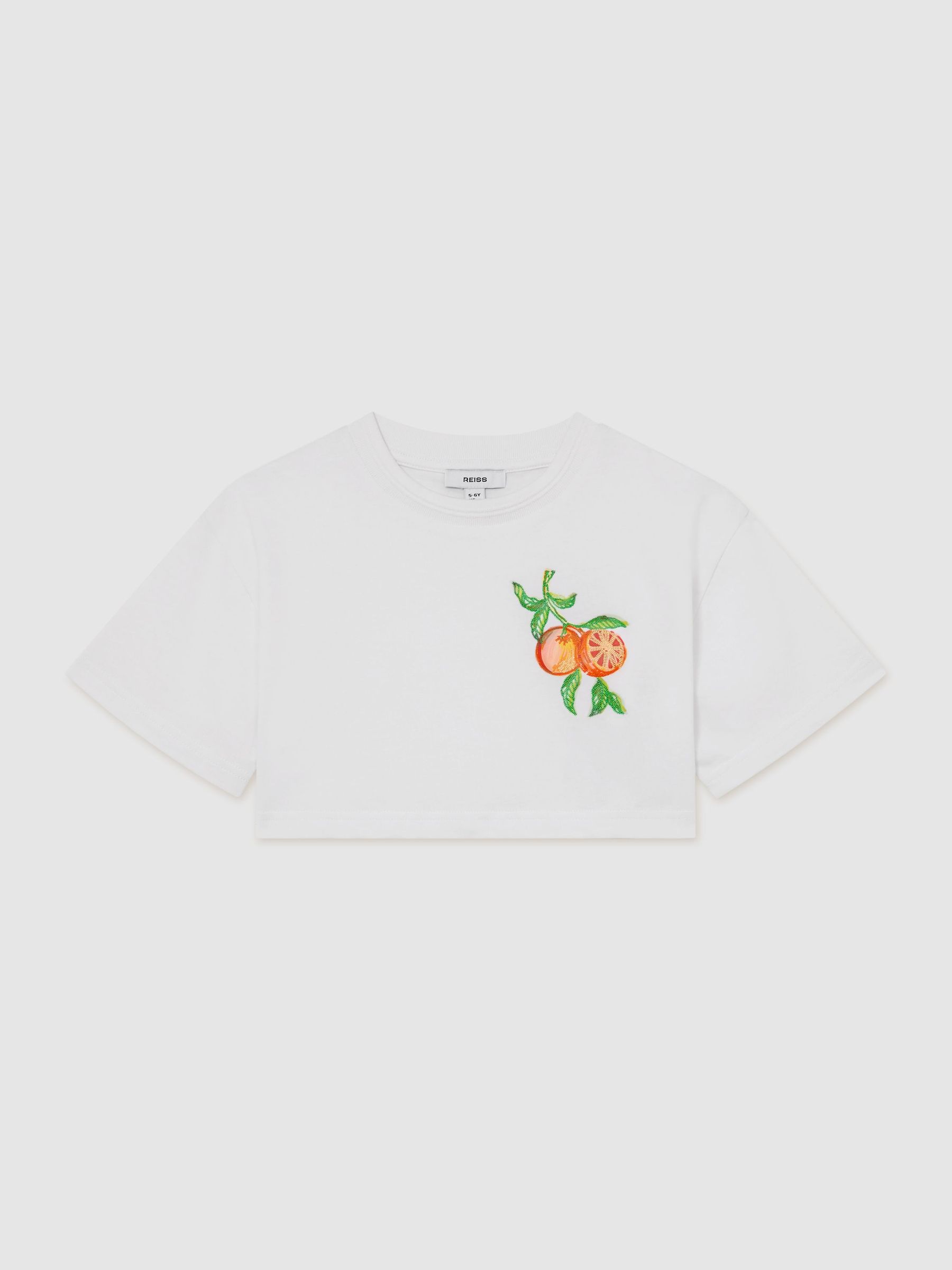Cotton Embroidered Cropped T-Shirt in White - Image 1 of 3