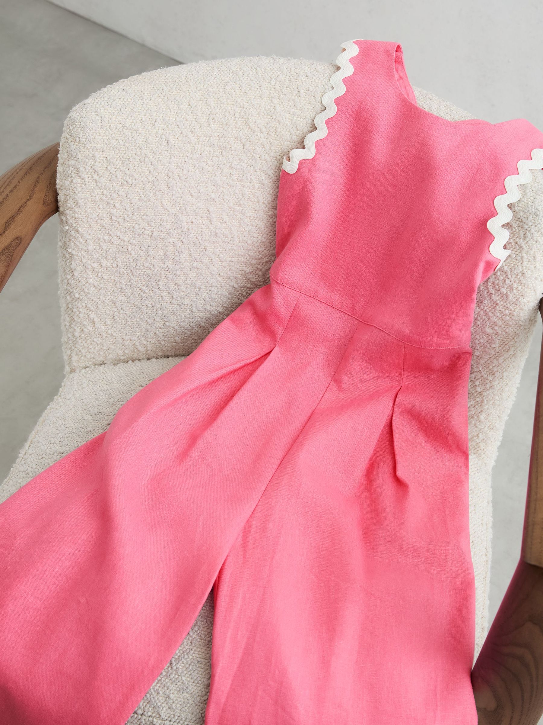 9-13 yrs Linen-Blend Wave-Trim Cross-Back Jumpsuit in Pink - Image 1 of 3