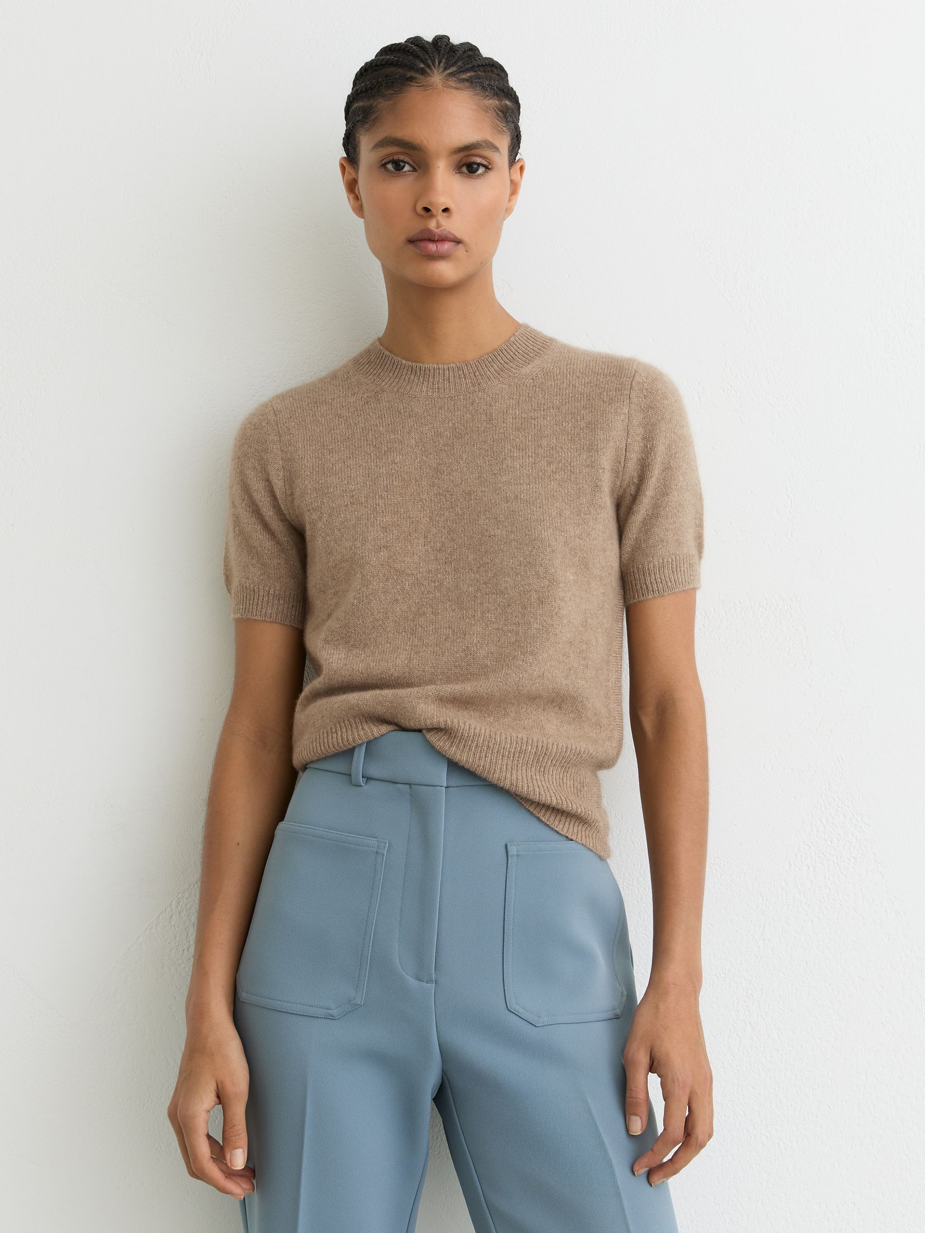 100% Cashmere Crew Neck T-Shirt in Taupe Neutral - Image 1 of 6 100% Cashmere Crew Neck T-Shirt in Taupe Neutral - Image 1 of 6