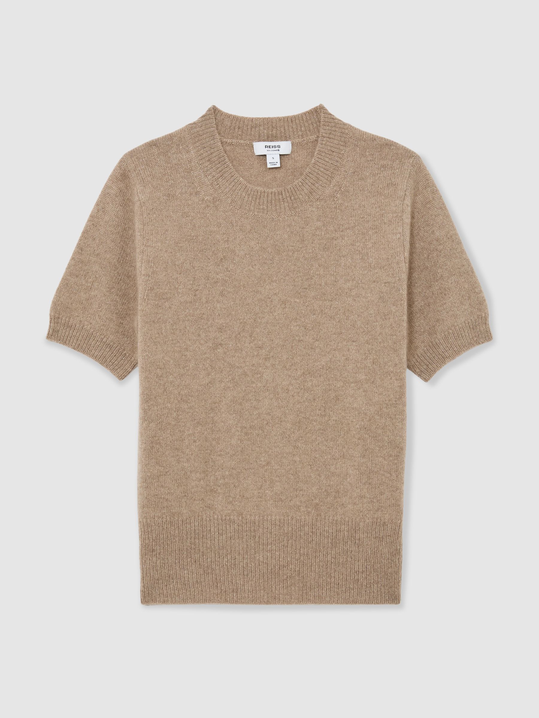 100% Cashmere Crew Neck T-Shirt in Taupe Neutral - Image 2 of 6