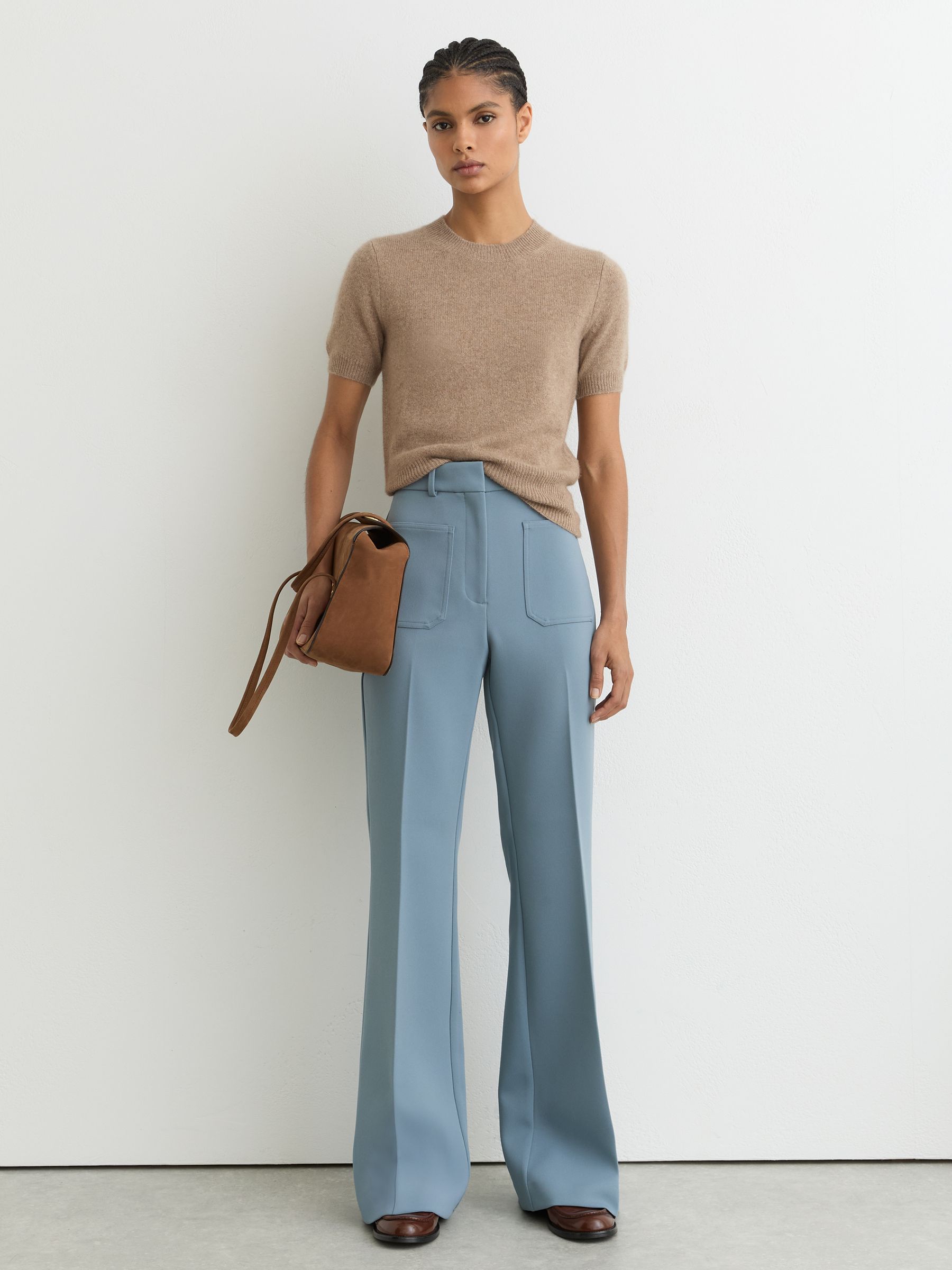 100% Cashmere Crew Neck T-Shirt in Taupe Neutral - Image 3 of 6