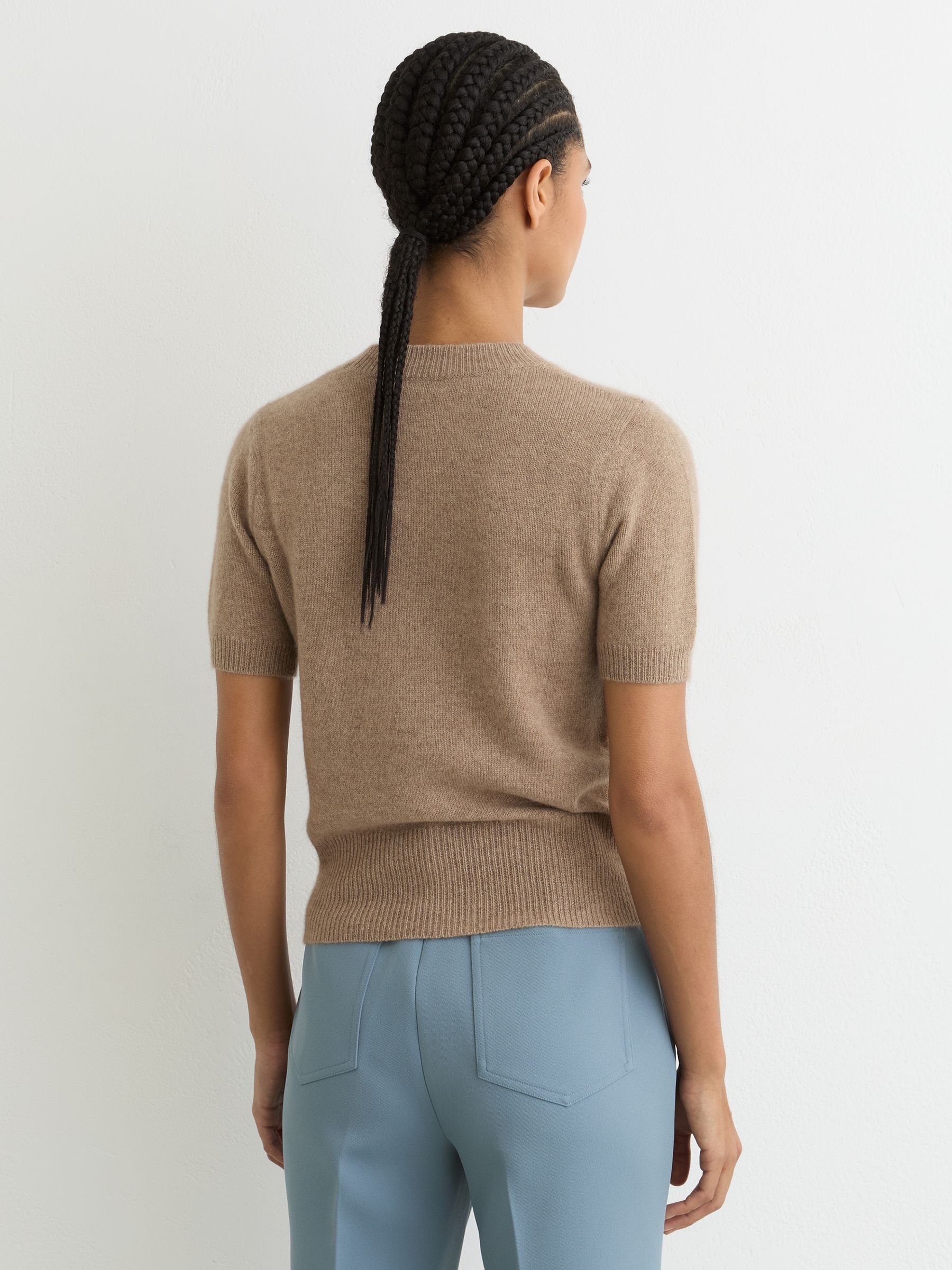 100% Cashmere Crew Neck T-Shirt in Taupe Neutral - Image 5 of 6