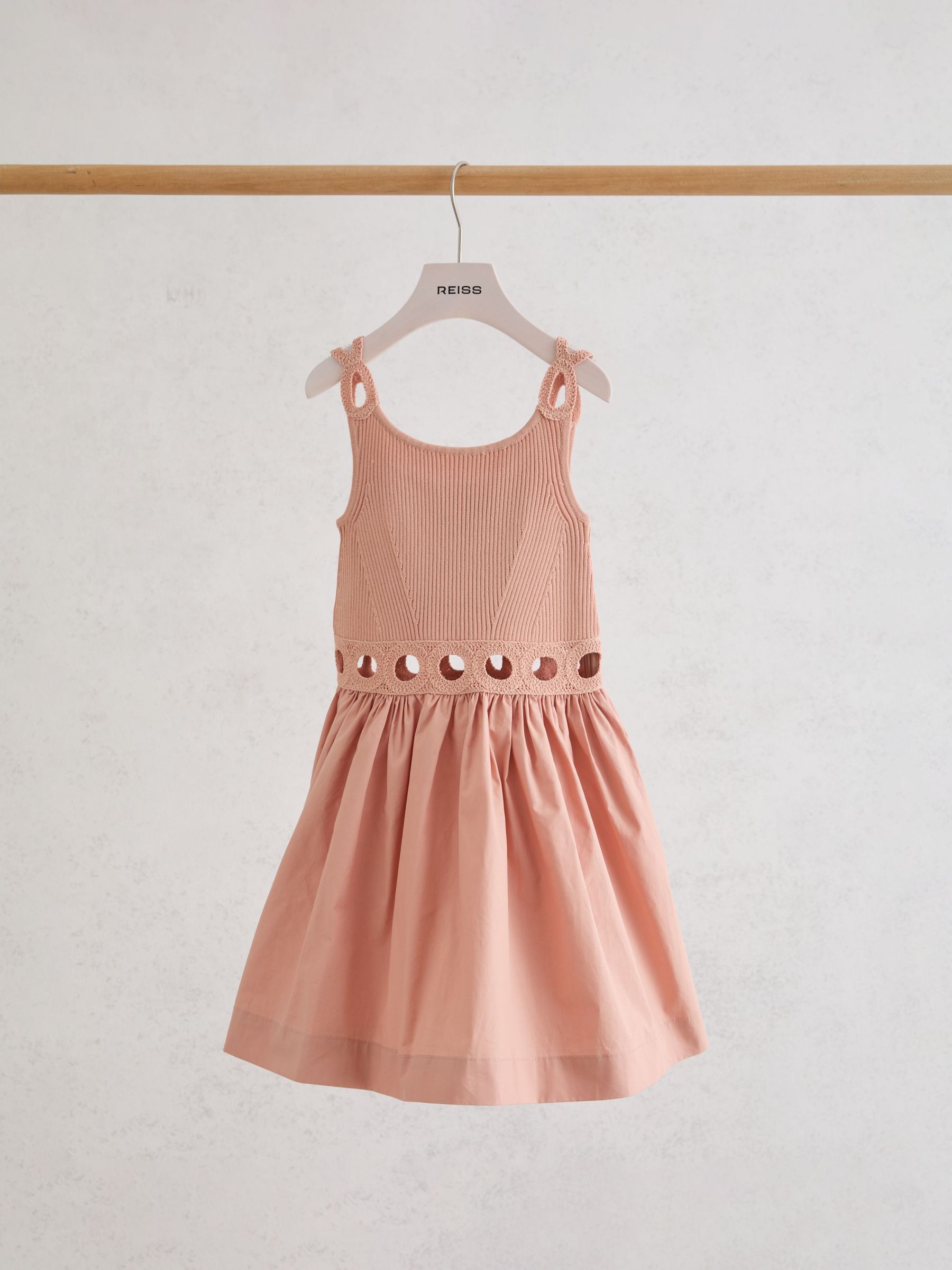 Rib-Knit Mix Cut-Out Flared Dress in Apricot - Image 1 of 3