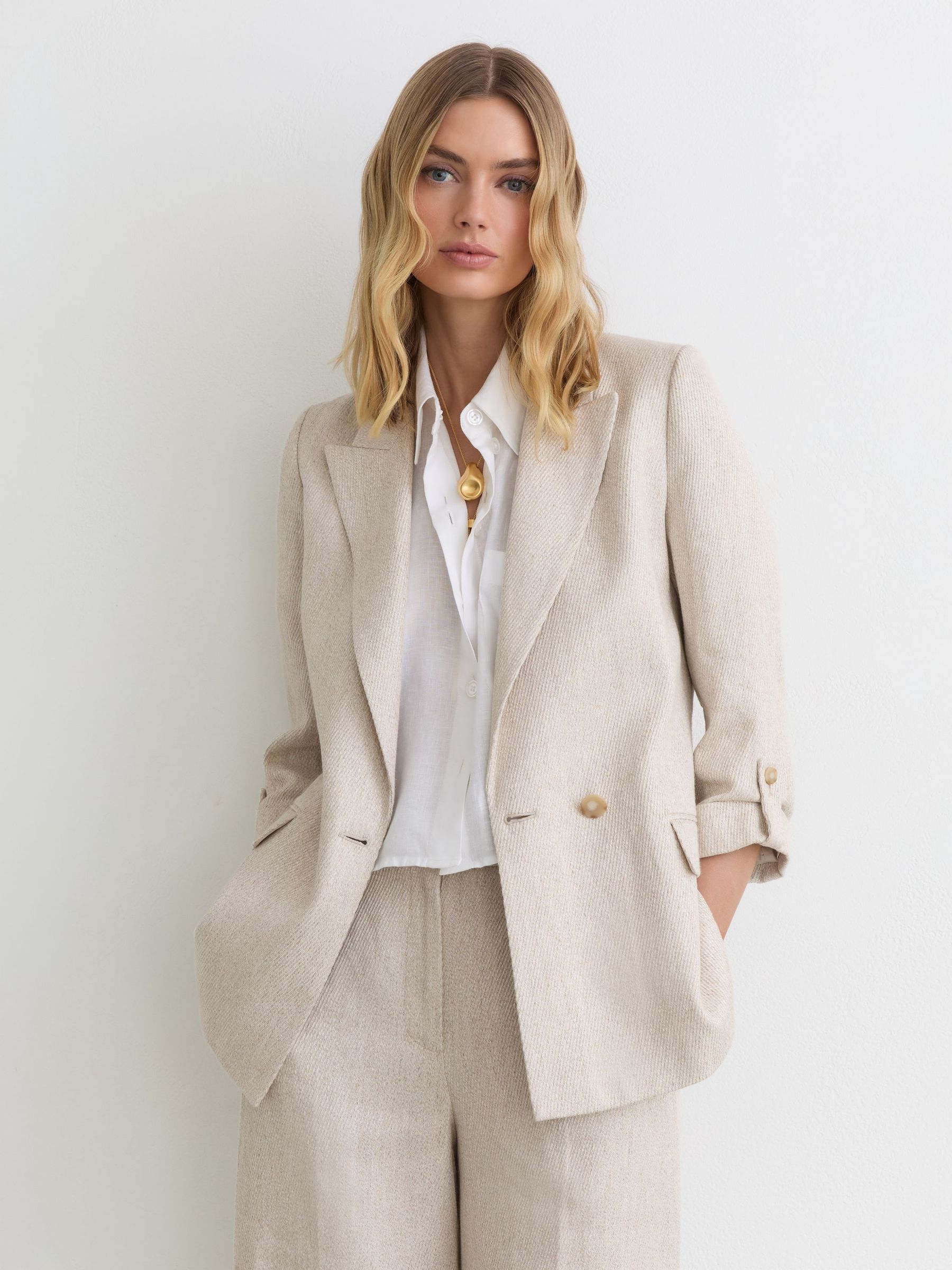 Linen-Blend Textured Double-Breasted Blazer in Neutral - Image 1 of 7