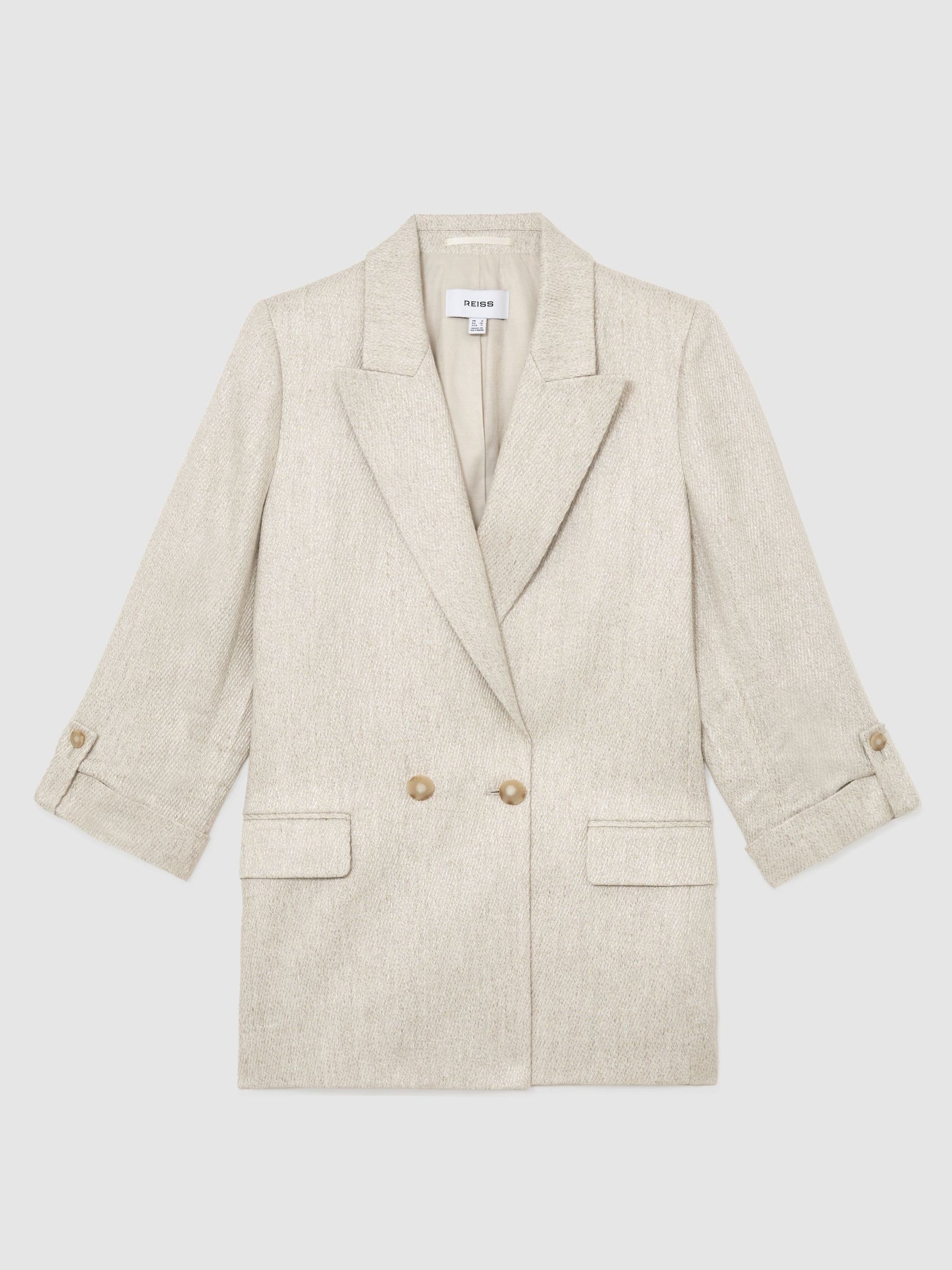 Linen-Blend Textured Double-Breasted Blazer in Neutral - image 1