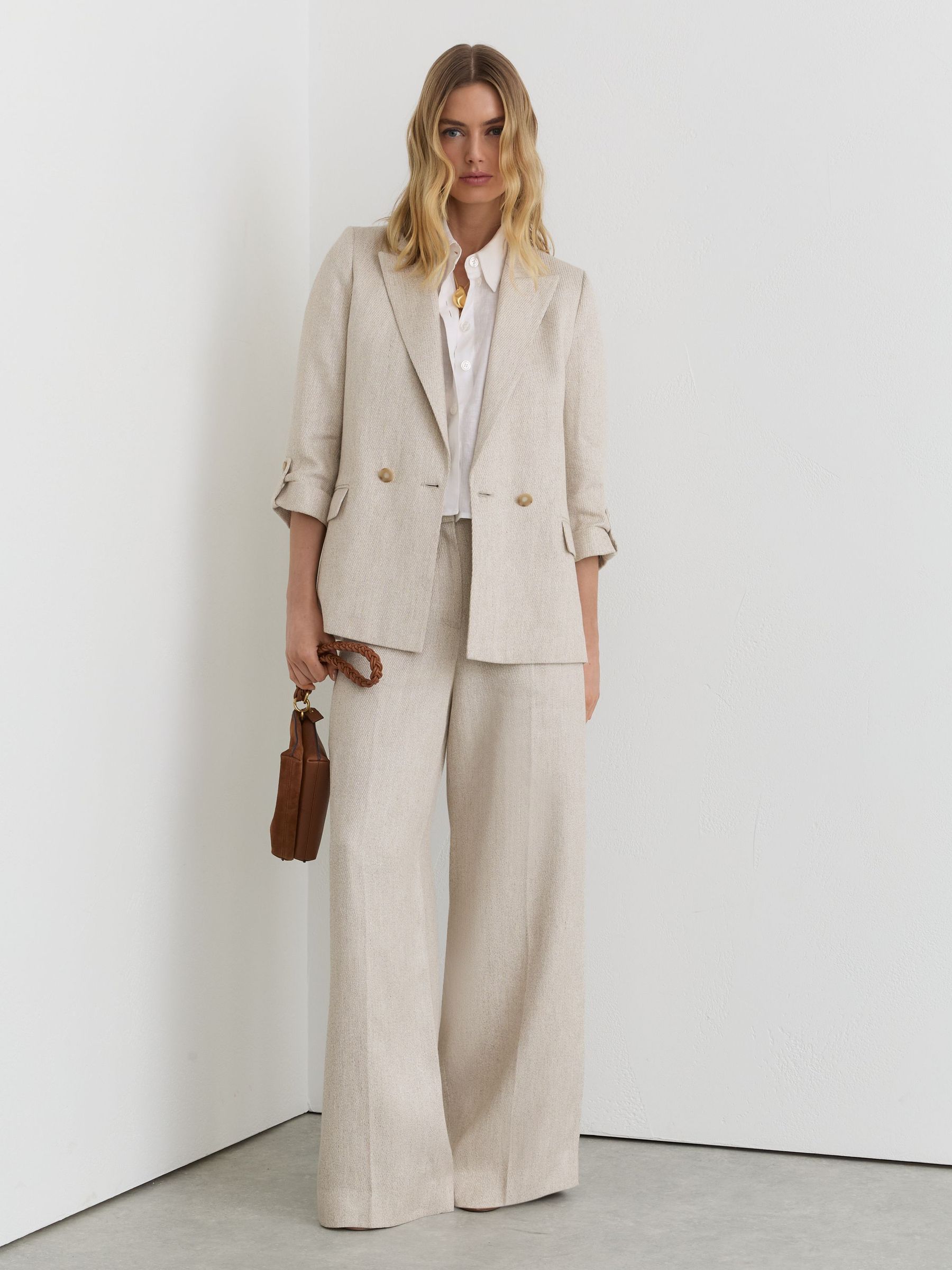 Petite Linen-Blend Textured Double-Breasted Blazer in Neutral - Image 3 of 9