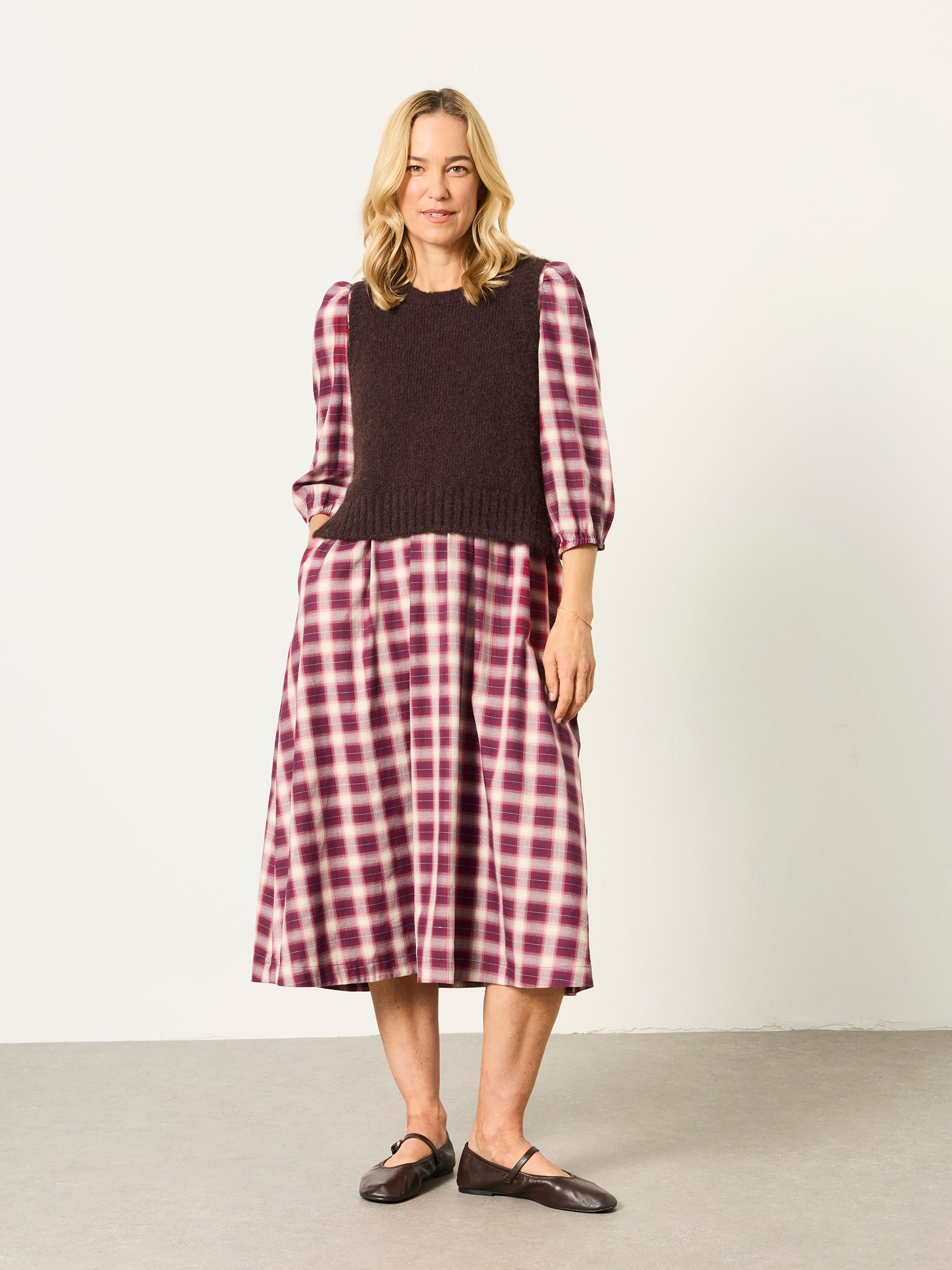Connie 2 in 1 Red Check Midi Dress with Knitted Tank | FatFace USA