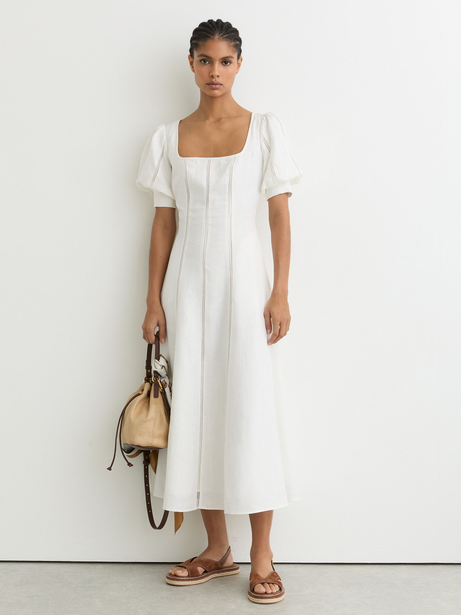 Linen Puff-Sleeve Embroidered Midi Dress in Ivory - Image 1 of 7