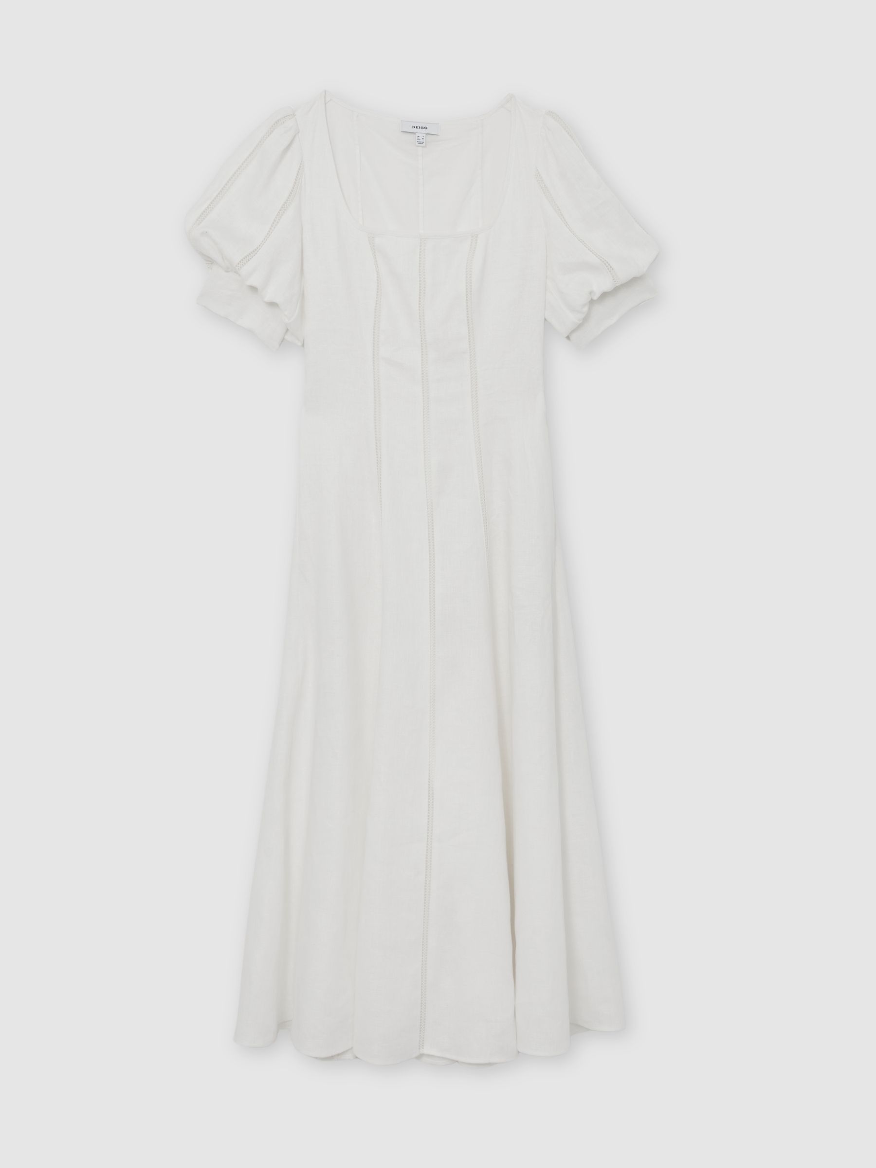 Linen Puff-Sleeve Embroidered Midi Dress in Ivory - image 1