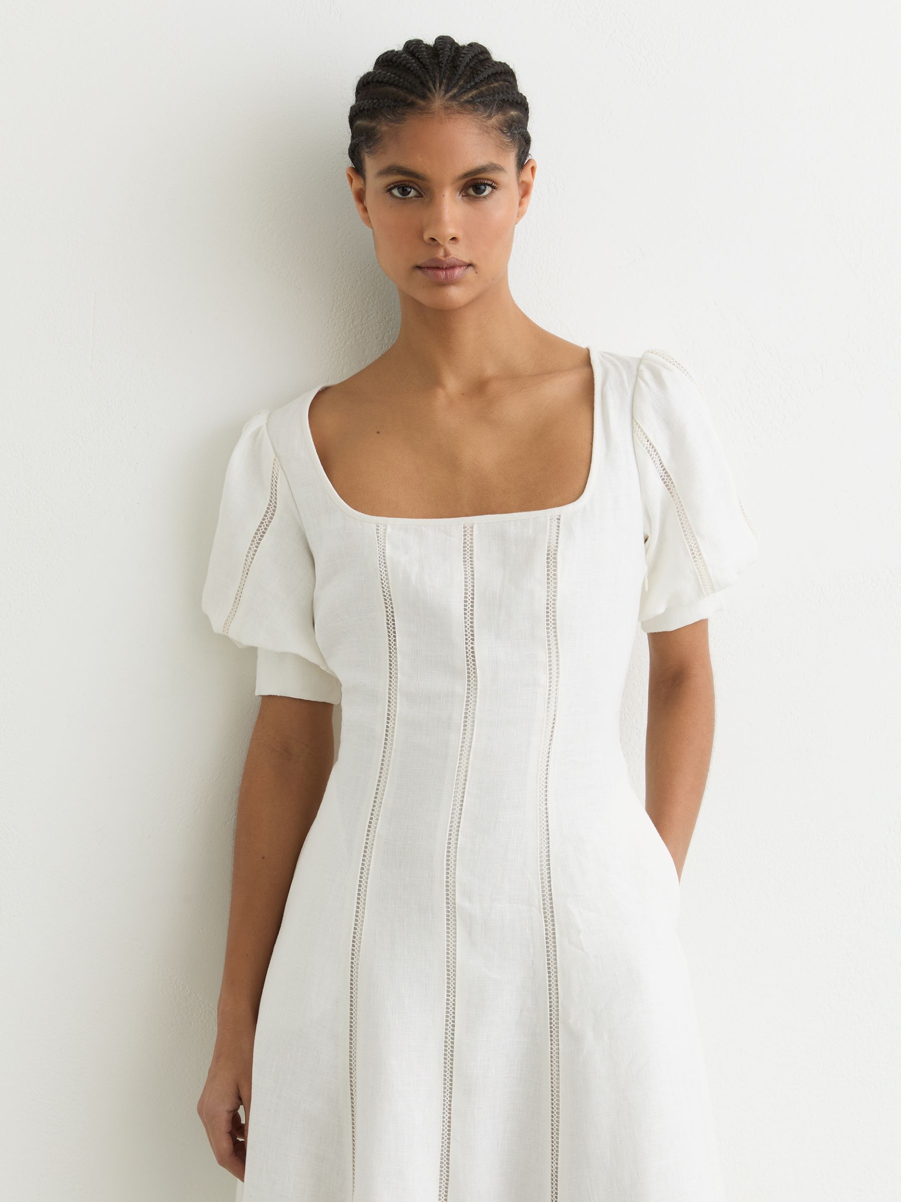 Linen Puff-Sleeve Embroidered Midi Dress in Ivory - Image 3 of 7