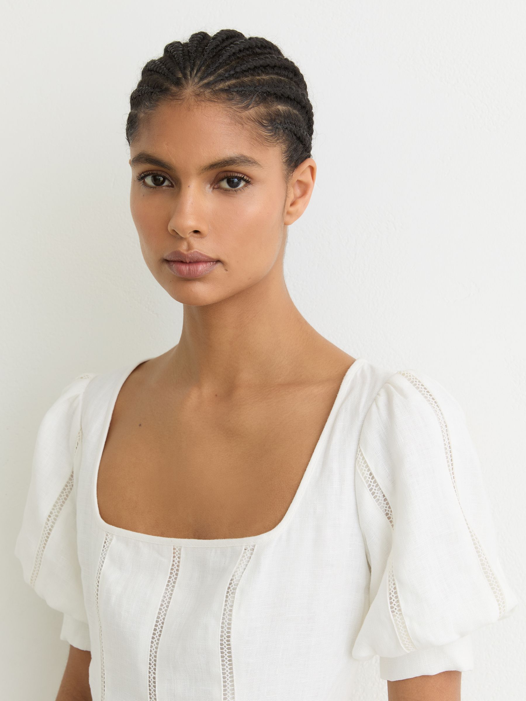 Linen Puff-Sleeve Embroidered Midi Dress in Ivory - Image 5 of 7