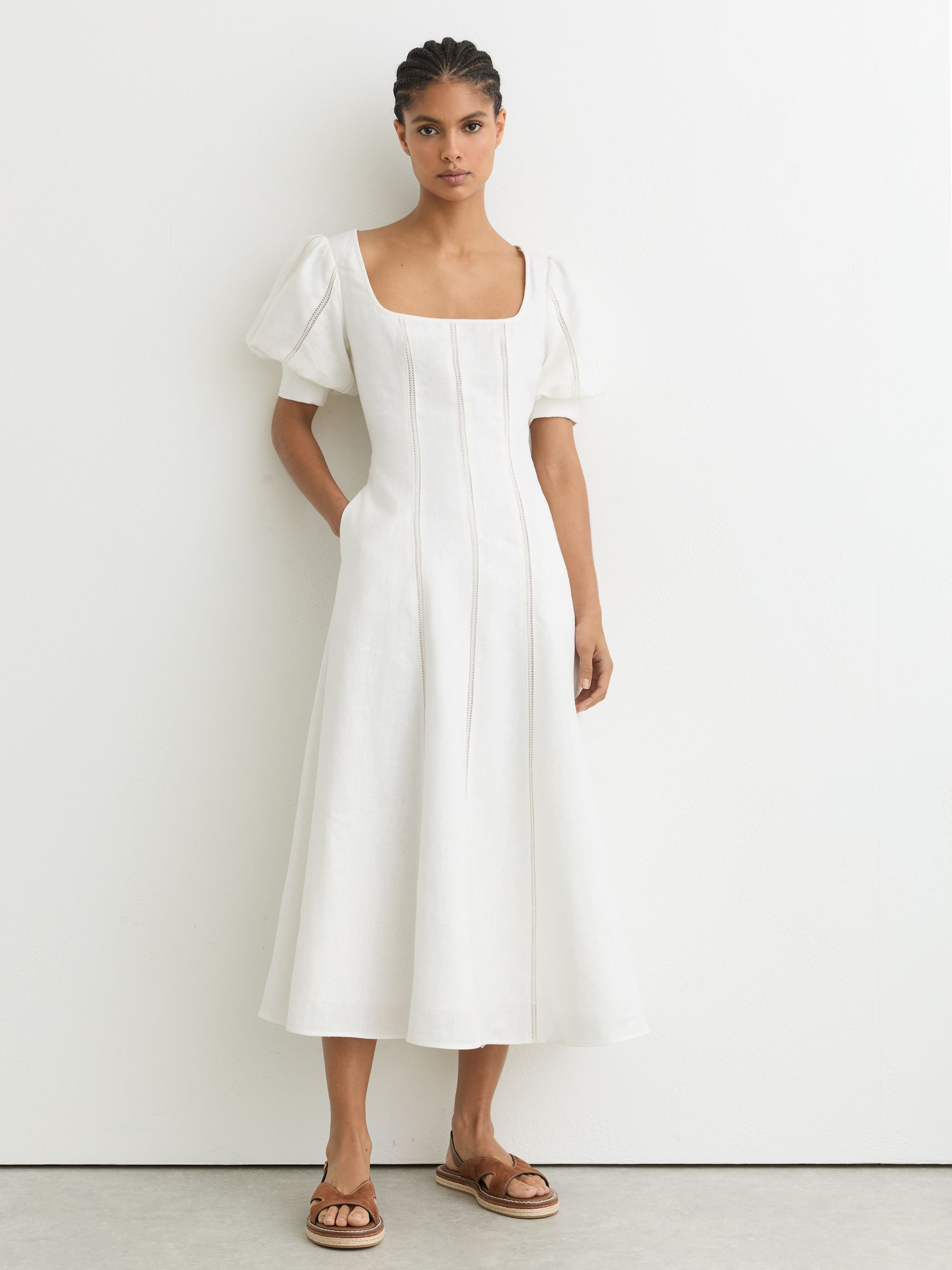 Linen Puff-Sleeve Embroidered Midi Dress in Ivory - image 4