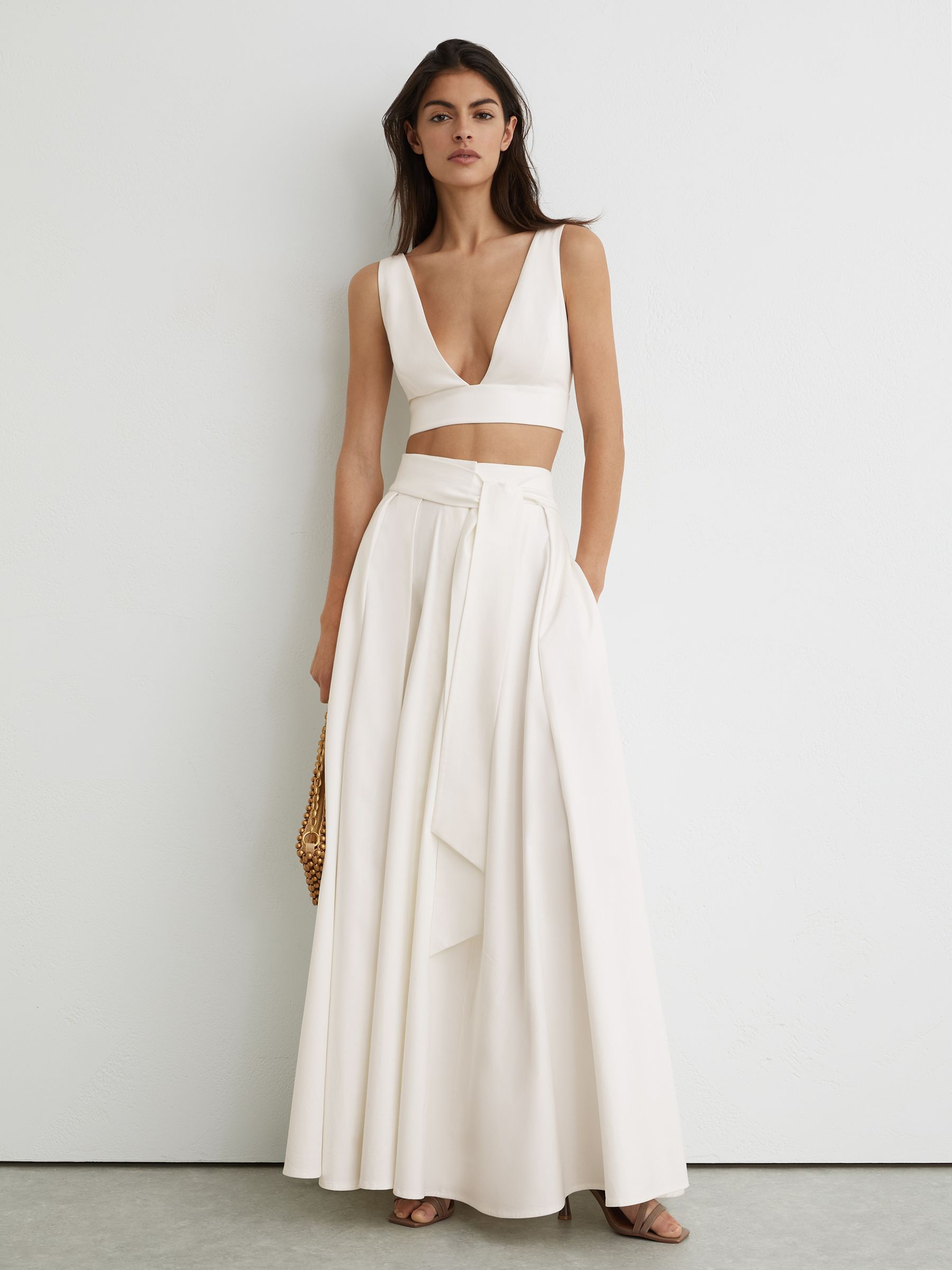Cotton Tie-Back Plunge Cropped Top in Ivory - image 2