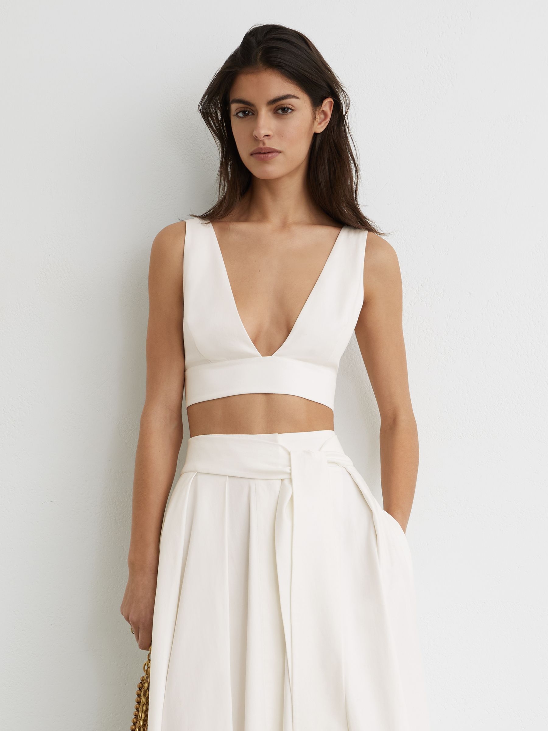 Cotton Tie-Back Plunge Cropped Top in Ivory - Image 3 of 6
