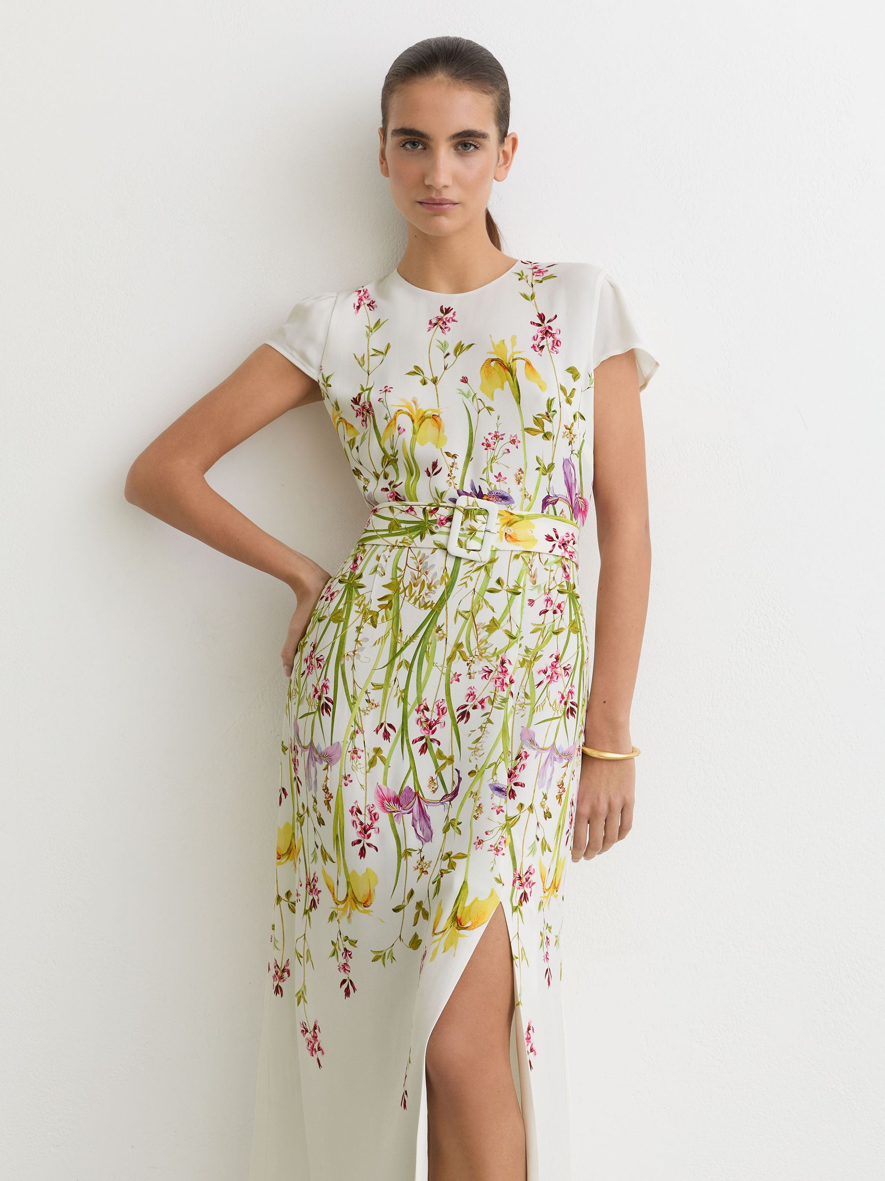 Reiss Floral-Print Belted Midi Dress in Cream/Yellow | REISS
