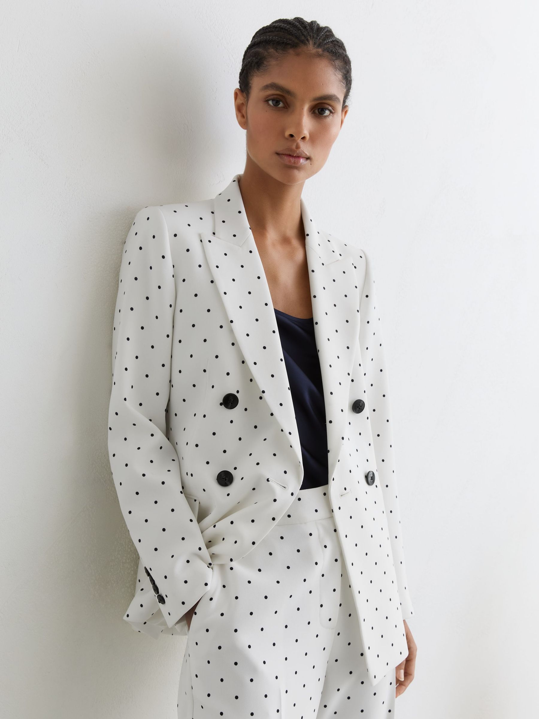 Petite Polka-Dot Double-Breasted Suit Blazer in White/Navy - Image 1 of 8