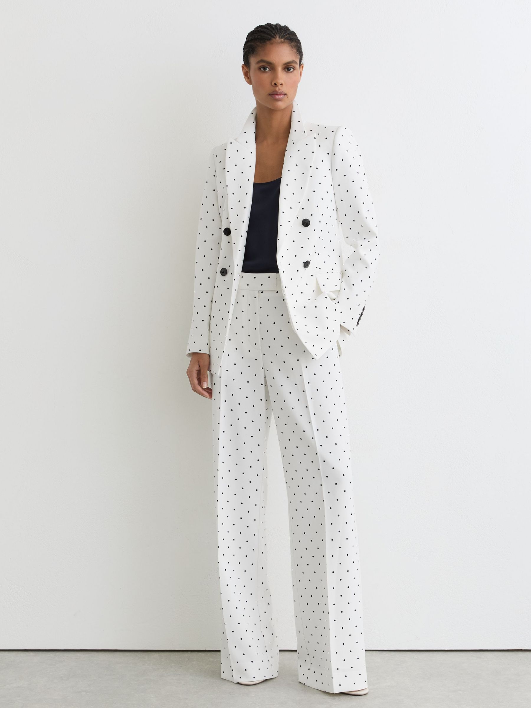 Petite Polka-Dot Double-Breasted Suit Blazer in White/Navy - Image 3 of 8