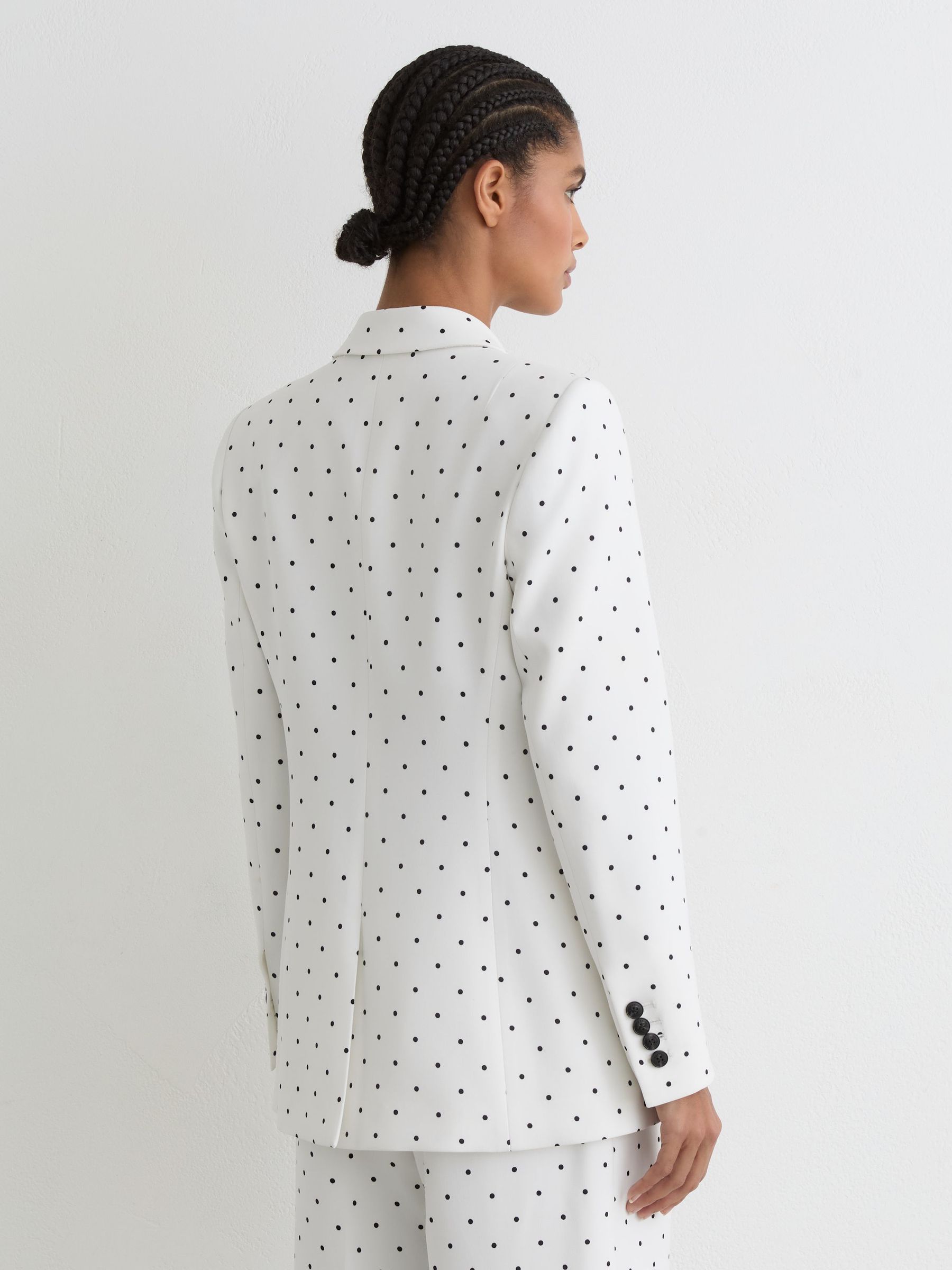 Petite Polka-Dot Double-Breasted Suit Blazer in White/Navy - Image 5 of 8