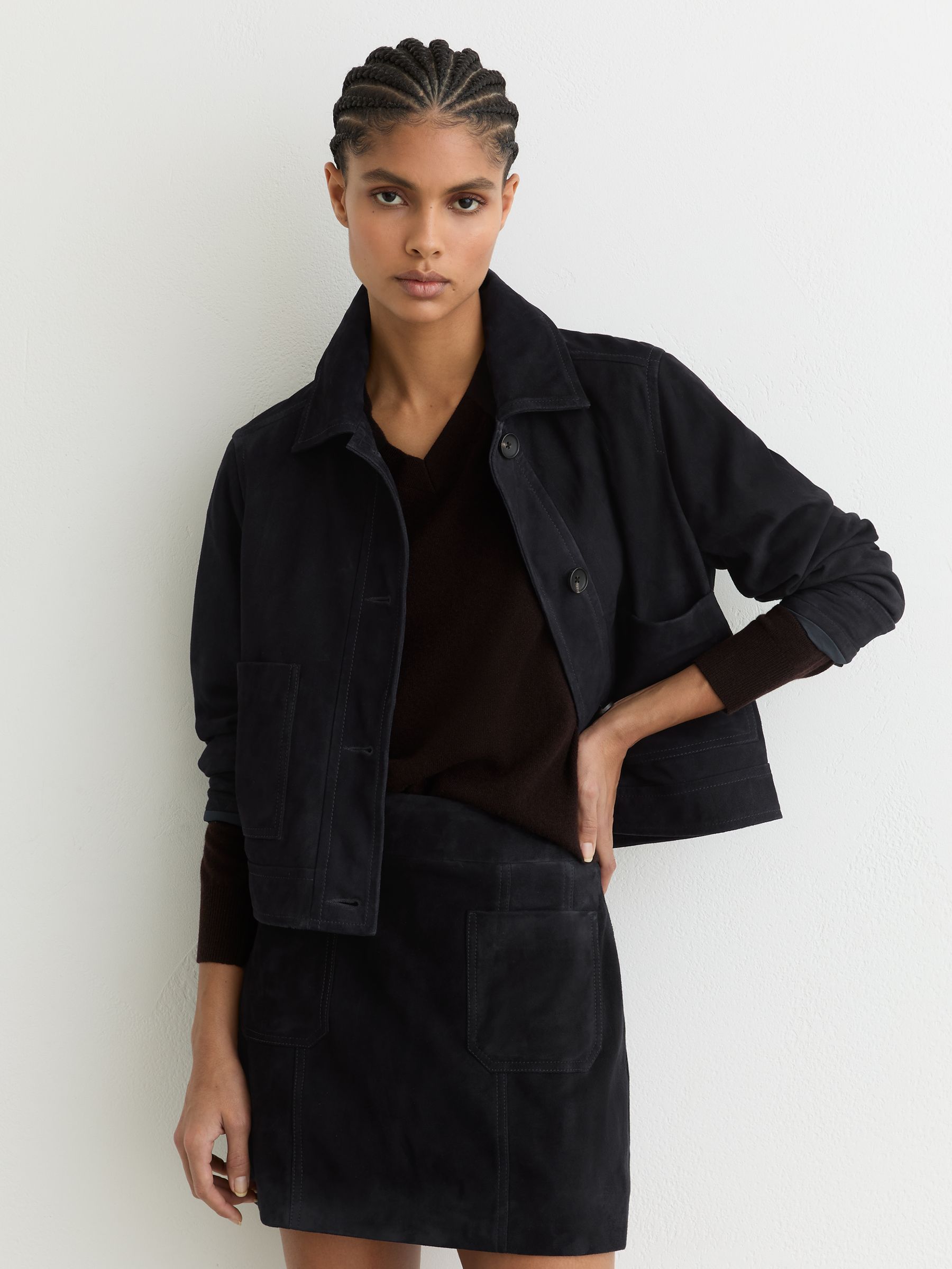 Mini-jupe en suède bleu marine à poches plaquées - Image 1 de 6