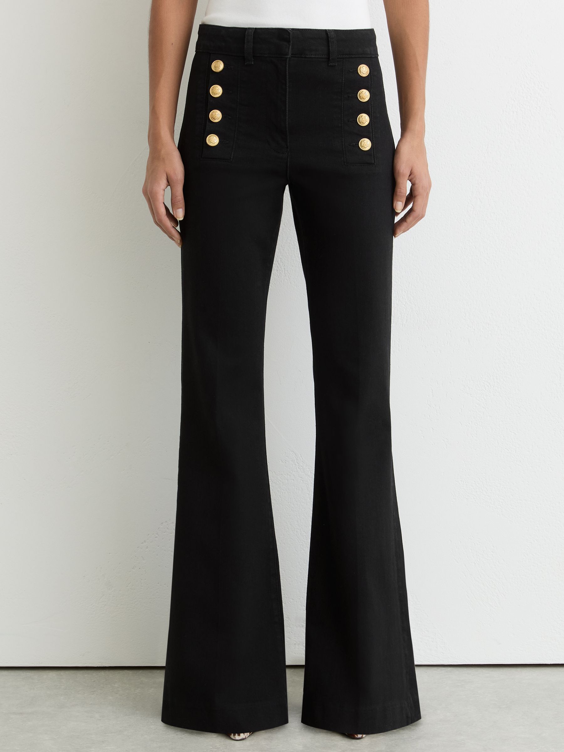 Petite Button-Detail Flared Jeans in Black - Image 4 of 8