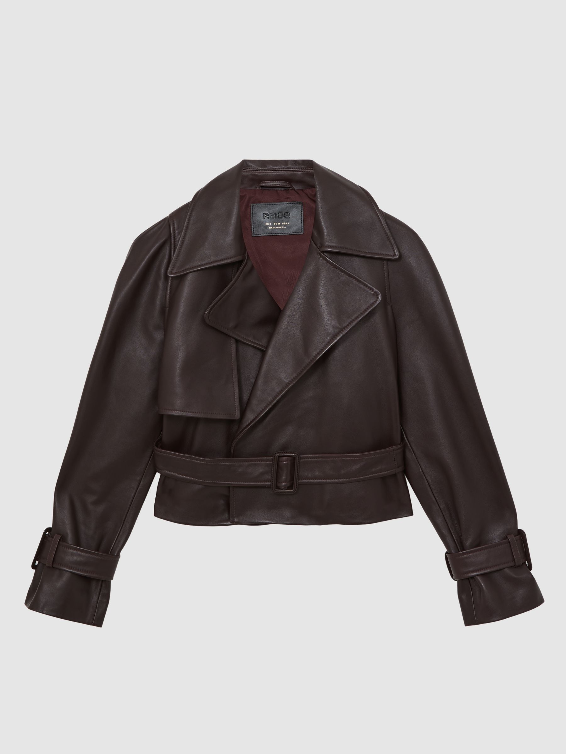 Petite Leather Cropped Trench Jacket in Oxblood Burgundy - Image 2 of 7