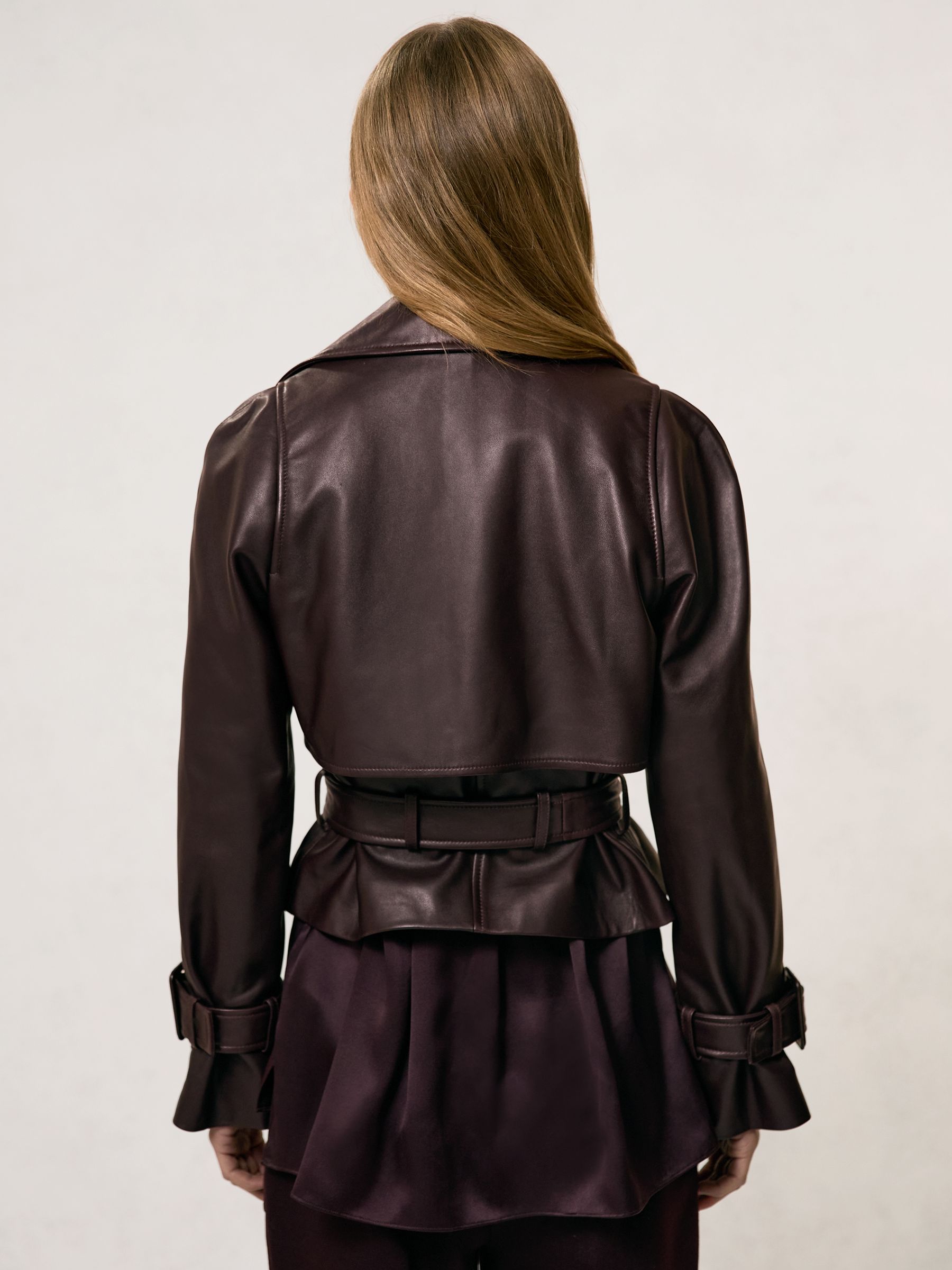 Petite Leather Cropped Trench Jacket in Oxblood Burgundy - Image 4 of 7