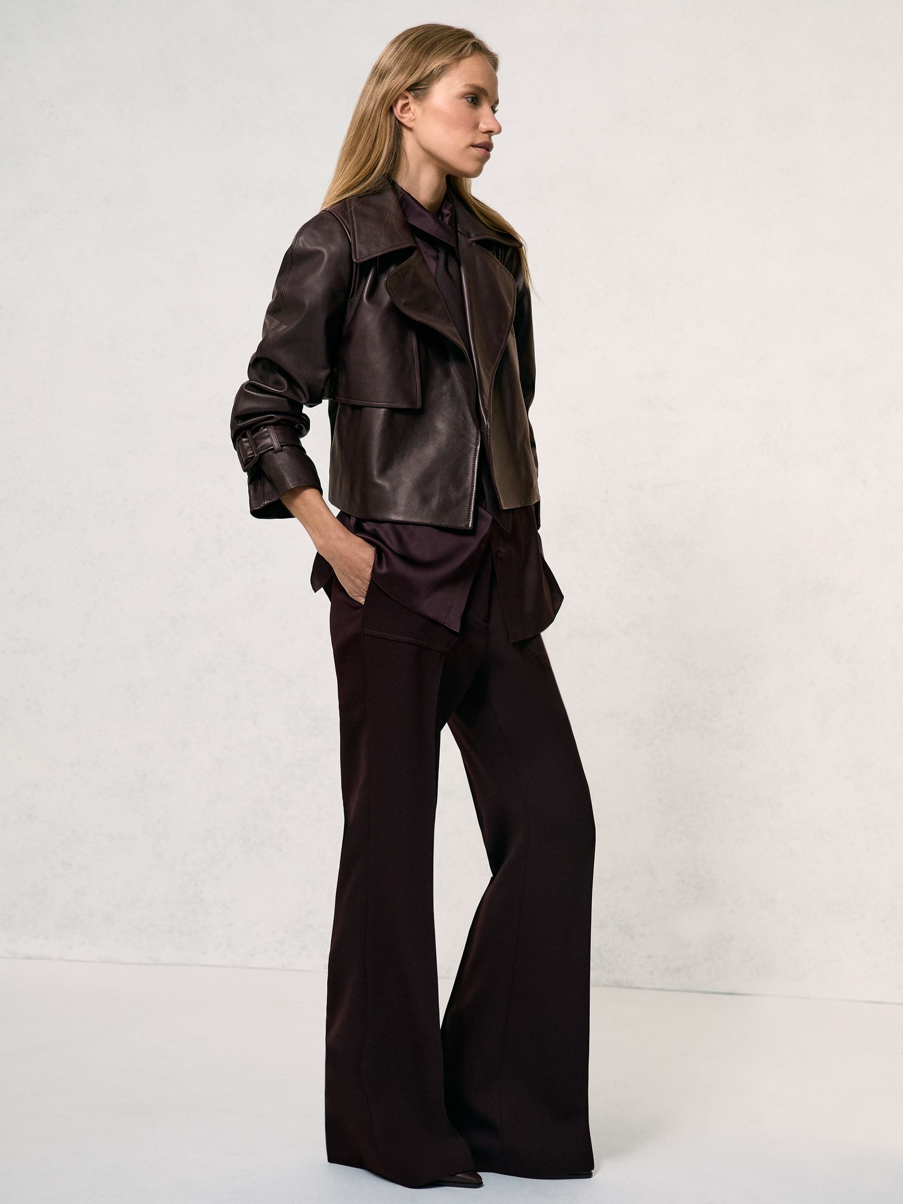 Petite Leather Cropped Trench Jacket in Oxblood Burgundy - Image 5 of 7
