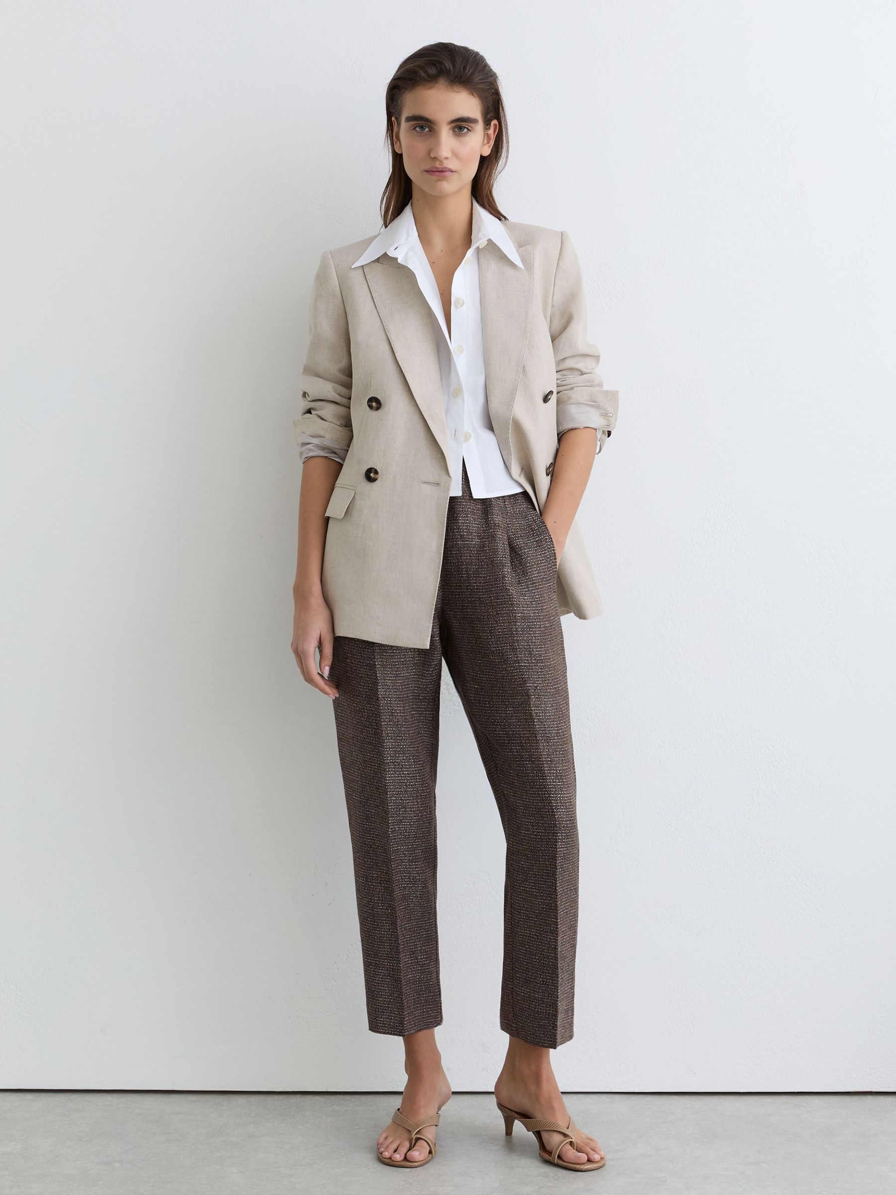Petite Woven Linen Cropped Tapered Trousers in Brown - Image 1 of 8