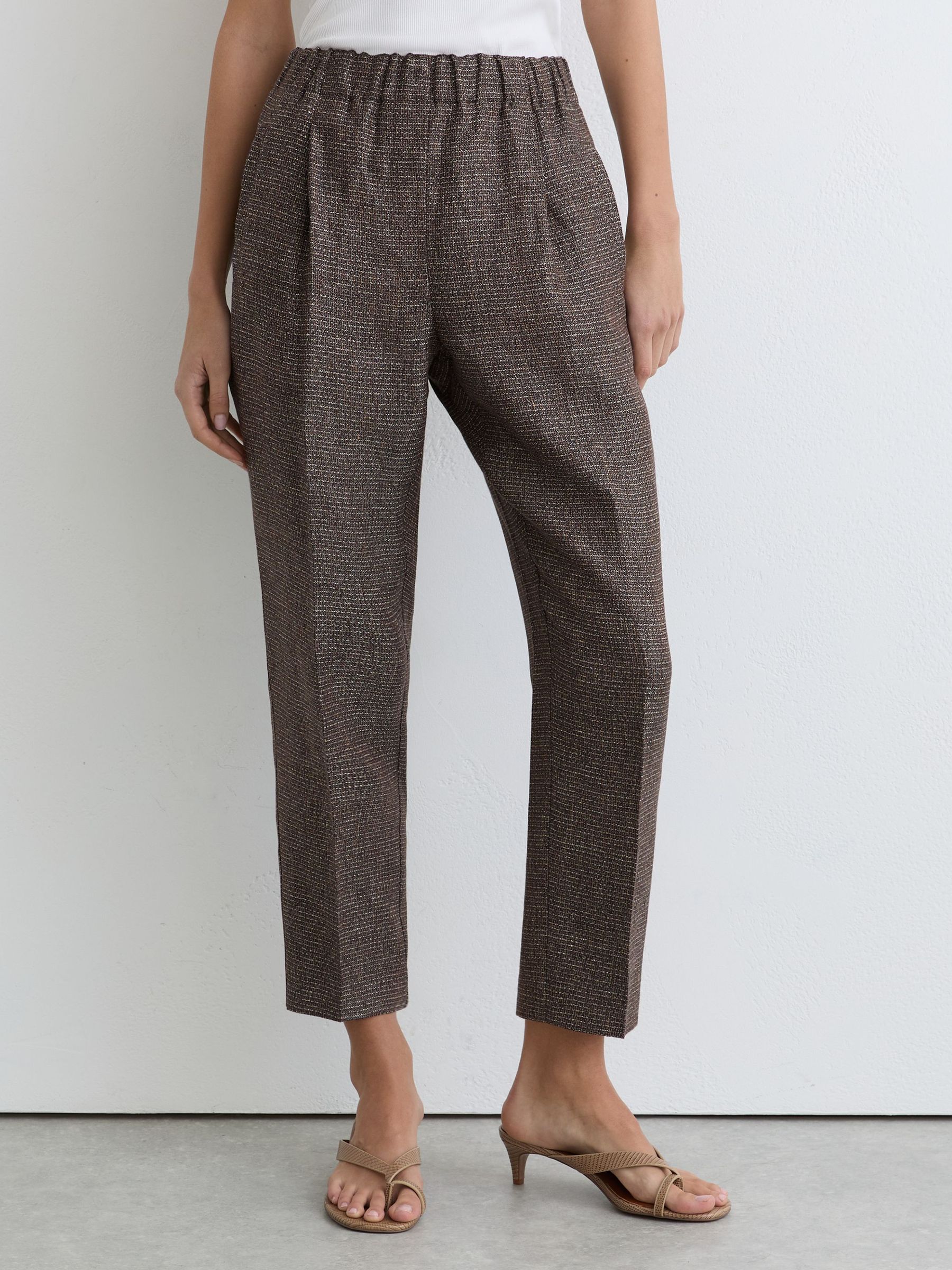 Petite Woven Linen Cropped Tapered Trousers in Brown - image 5