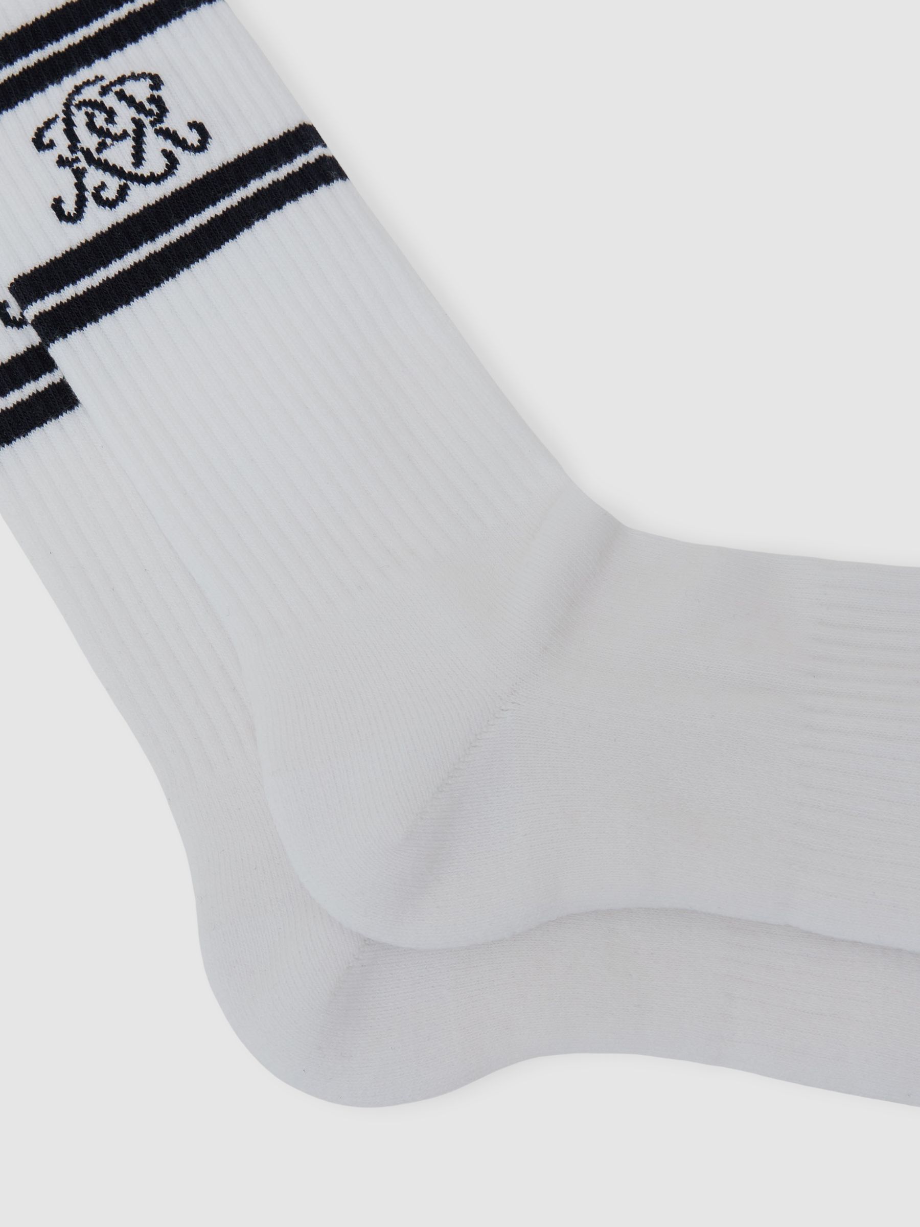 Monogram Cotton-Blend Ribbed Socks in White/Navy - Image 2 of 3 Monogram Cotton-Blend Ribbed Socks in White/Navy - Image 2 of 3