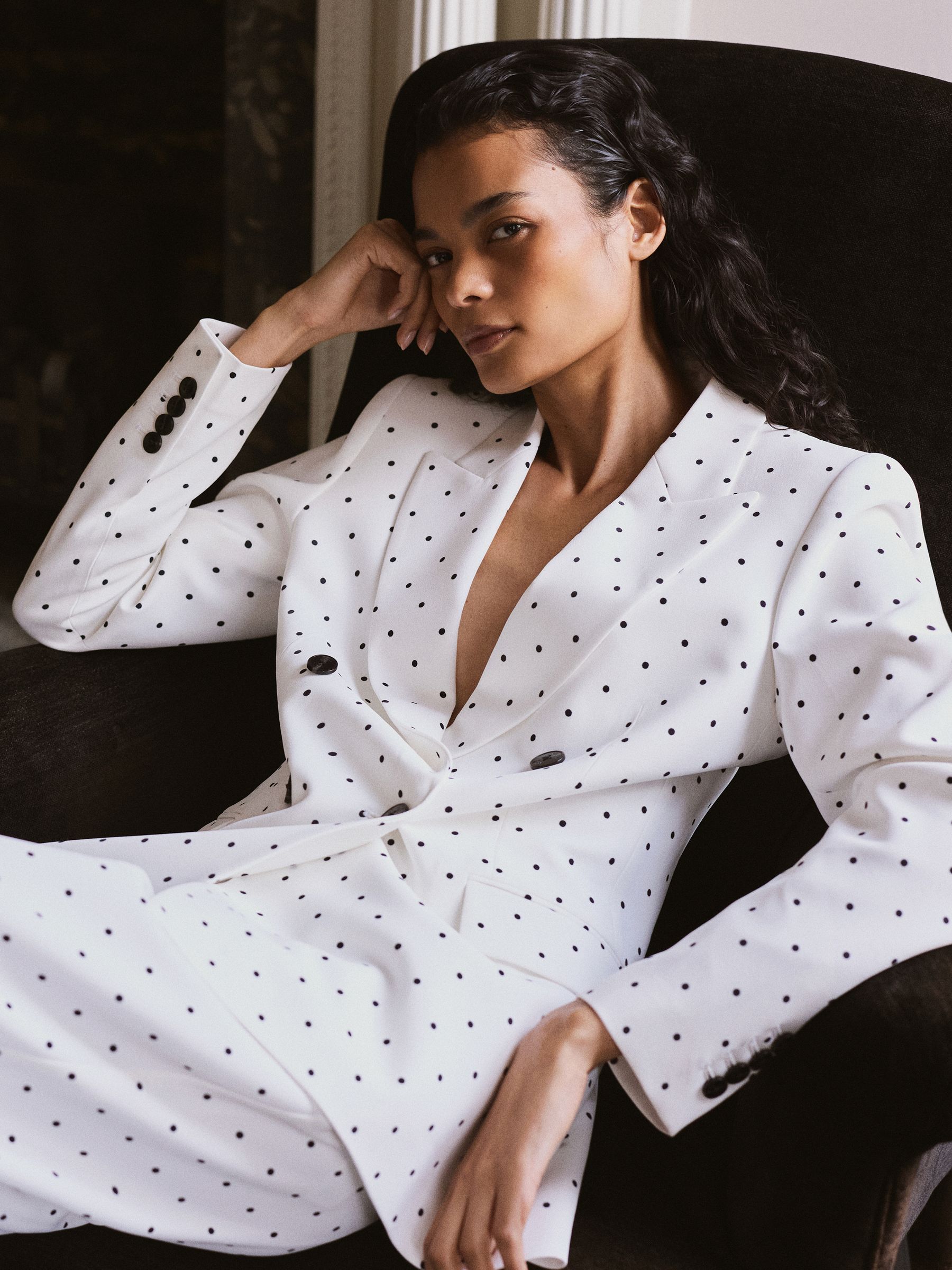 Polka-Dot Double-Breasted Suit Blazer in White/Navy - image 3