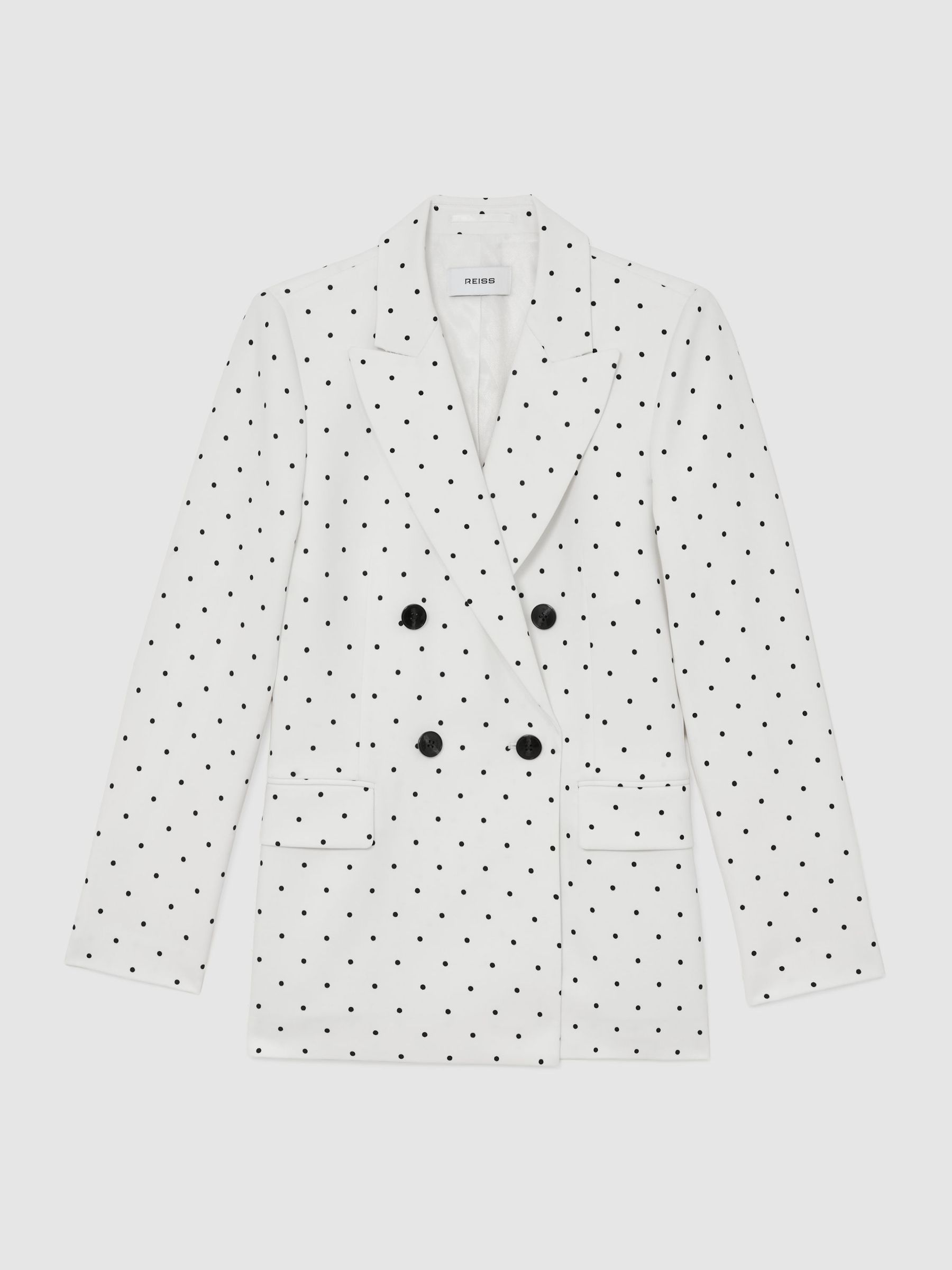 Polka-Dot Double-Breasted Suit Blazer in White/Navy