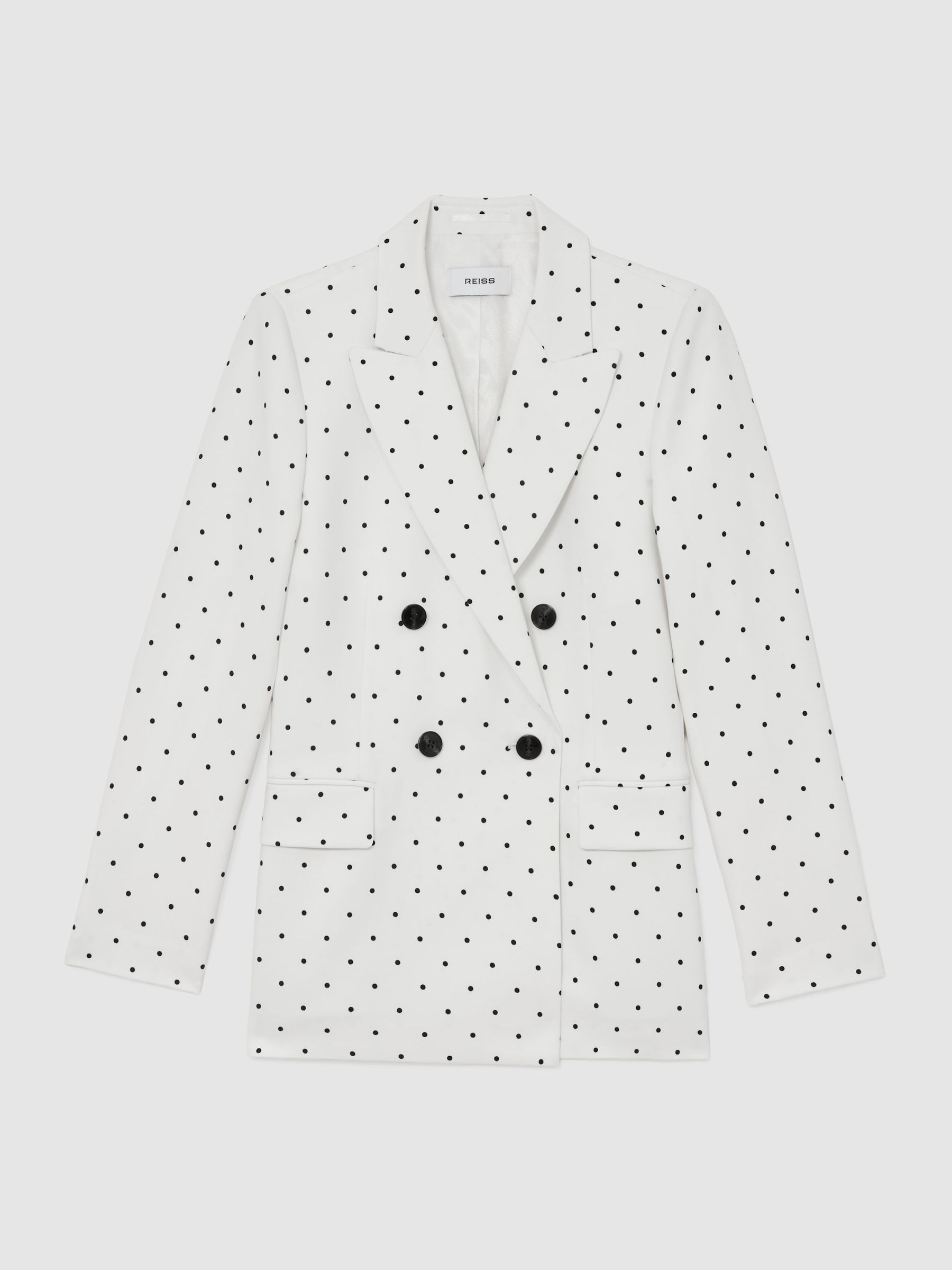 Polka-Dot Double-Breasted Suit Blazer in White/Navy - Image 2 of 7 Polka-Dot Double-Breasted Suit Blazer in White/Navy - Image 2 of 7
