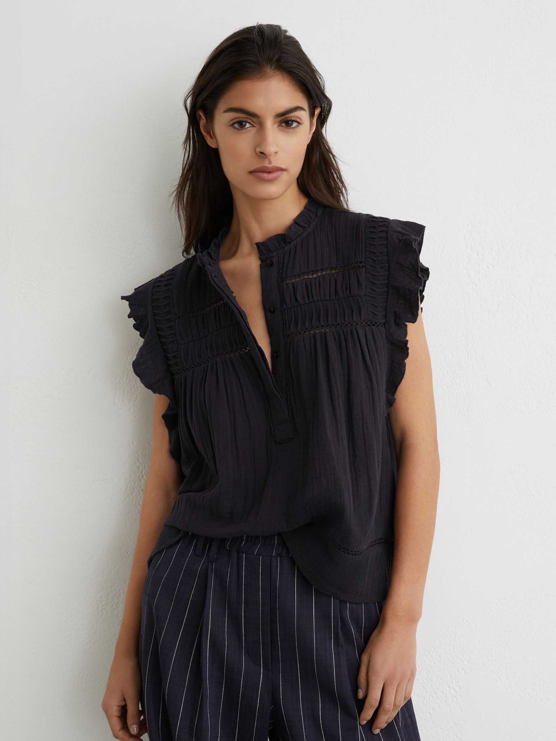 Cotton Cheesecloth Sleeveless Top in Navy - Image 1 of 6