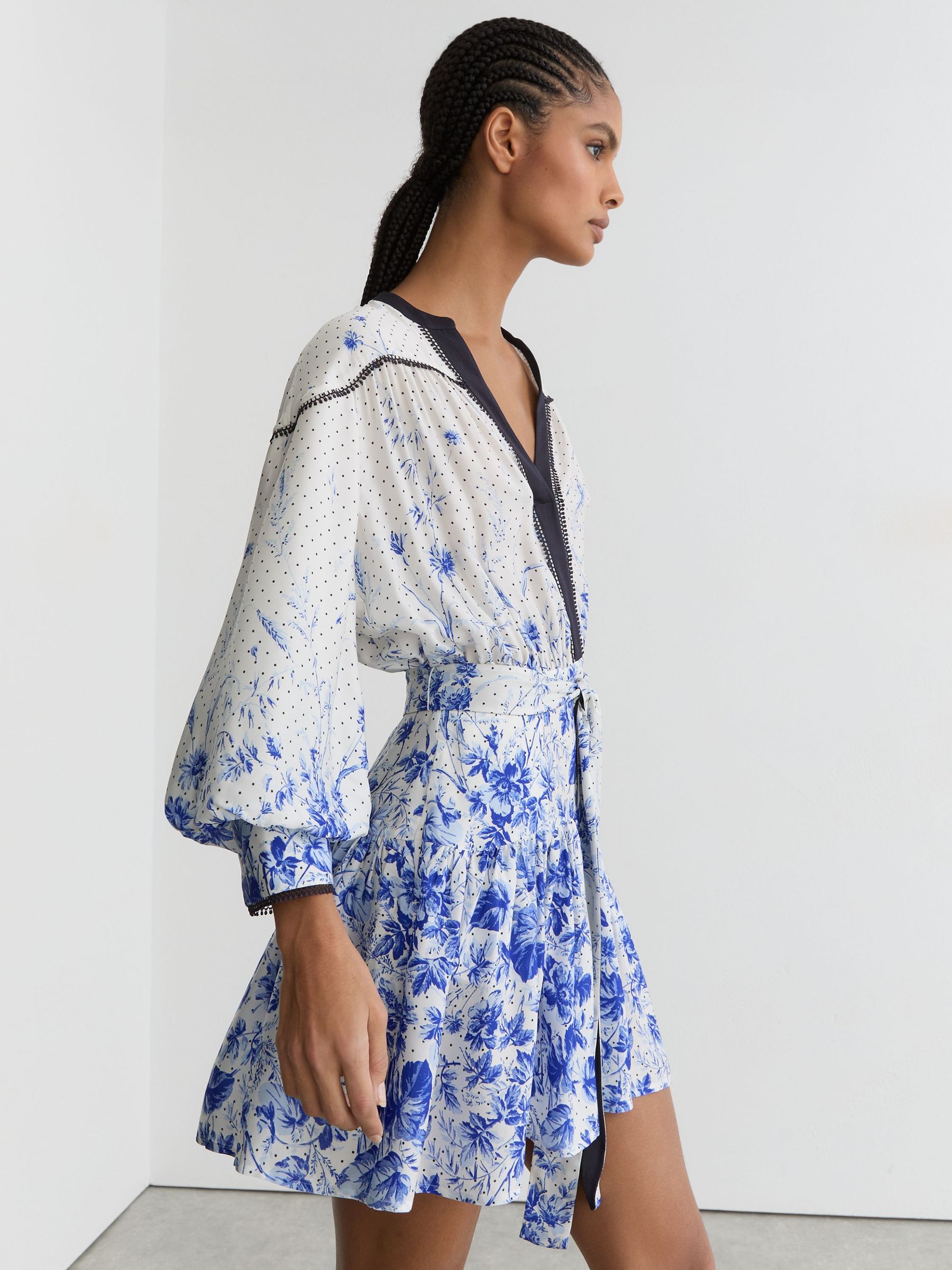 Floral-Print Belted Mini Dress in Ivory/Blue - image 2