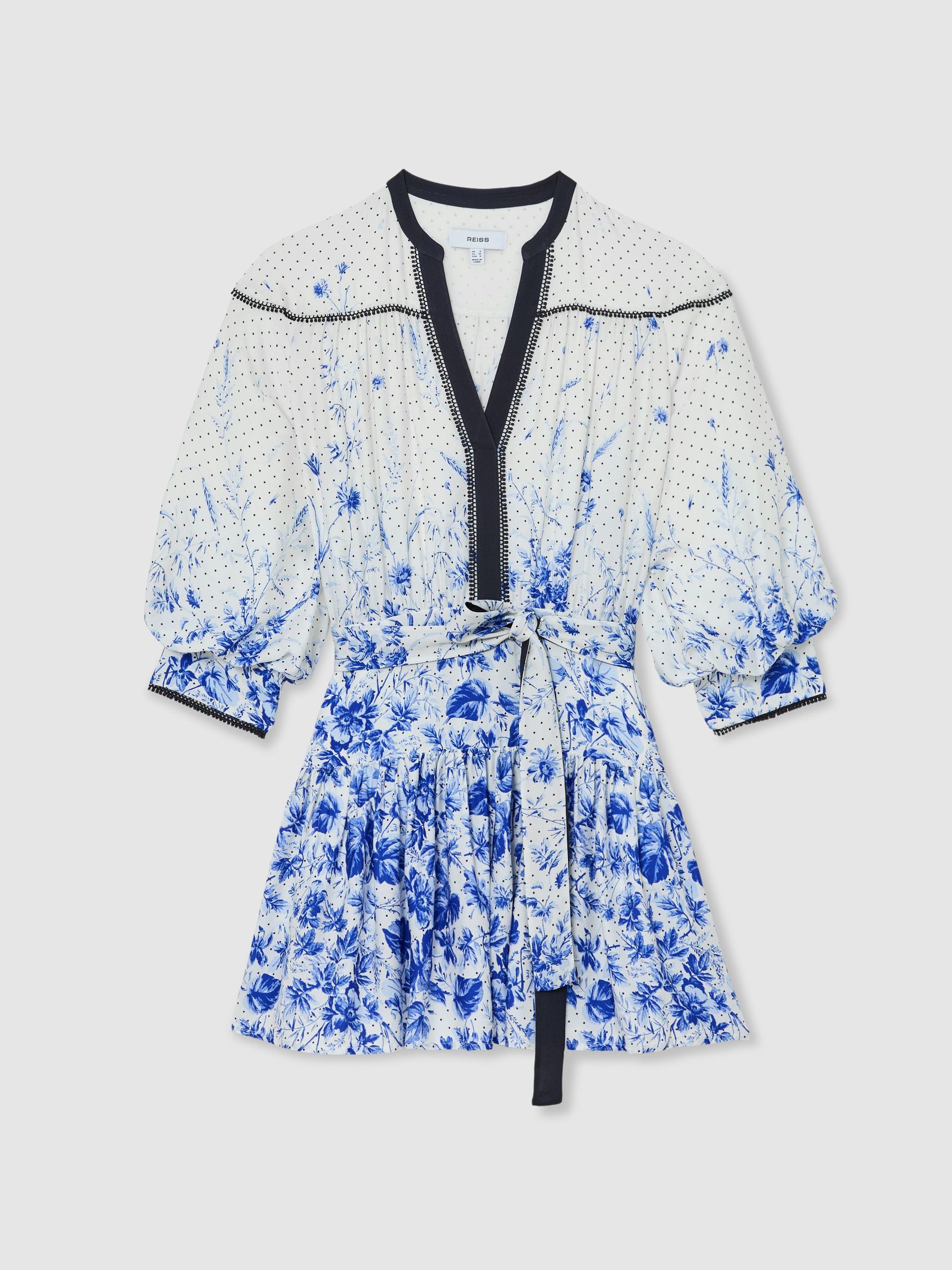 Floral-Print Belted Mini Dress in Ivory/Blue - Image 2 of 6