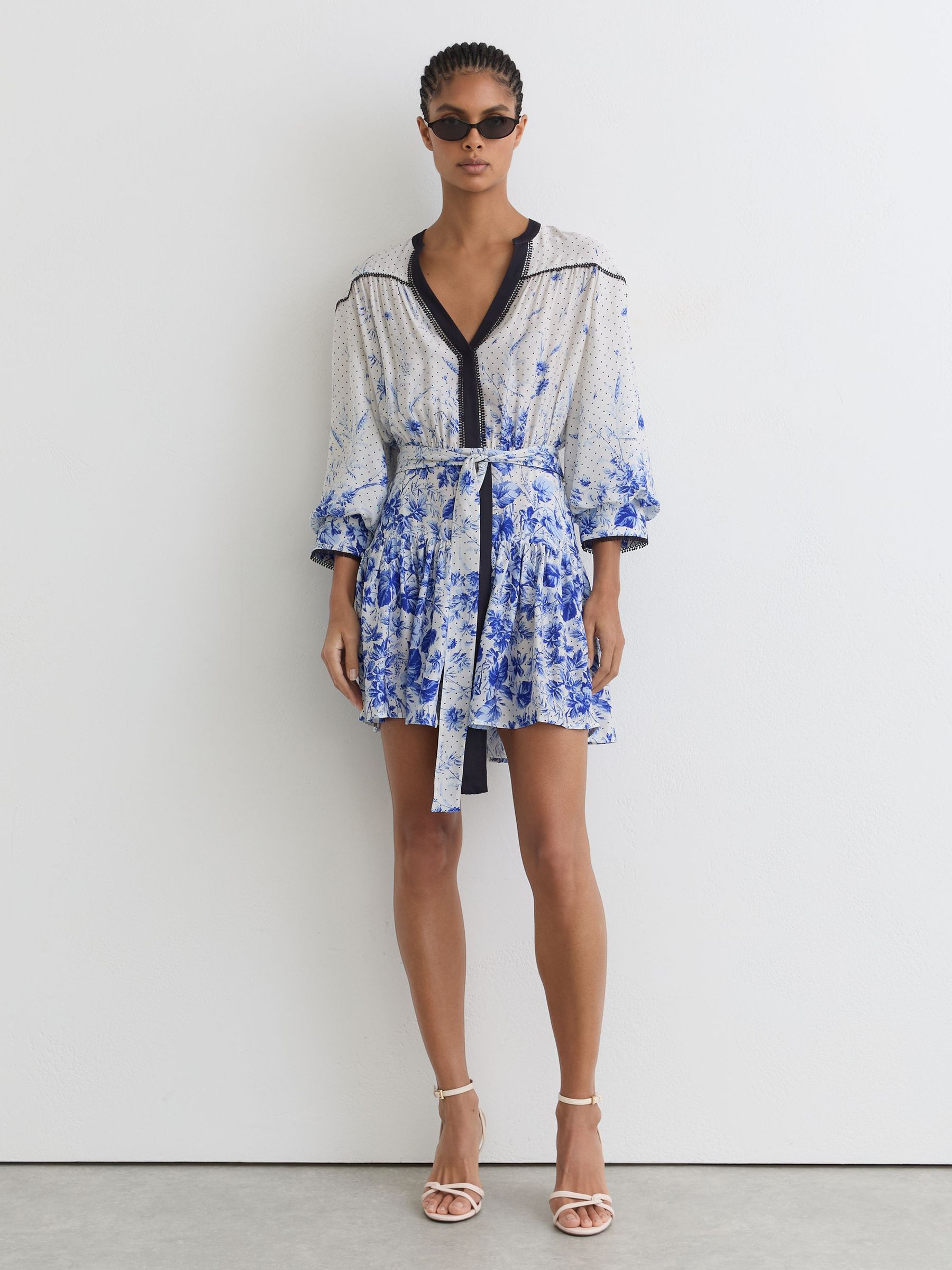 reiss blue and white dress Reiss Floral-Print Belted Mini Dress in Ivory/Blue