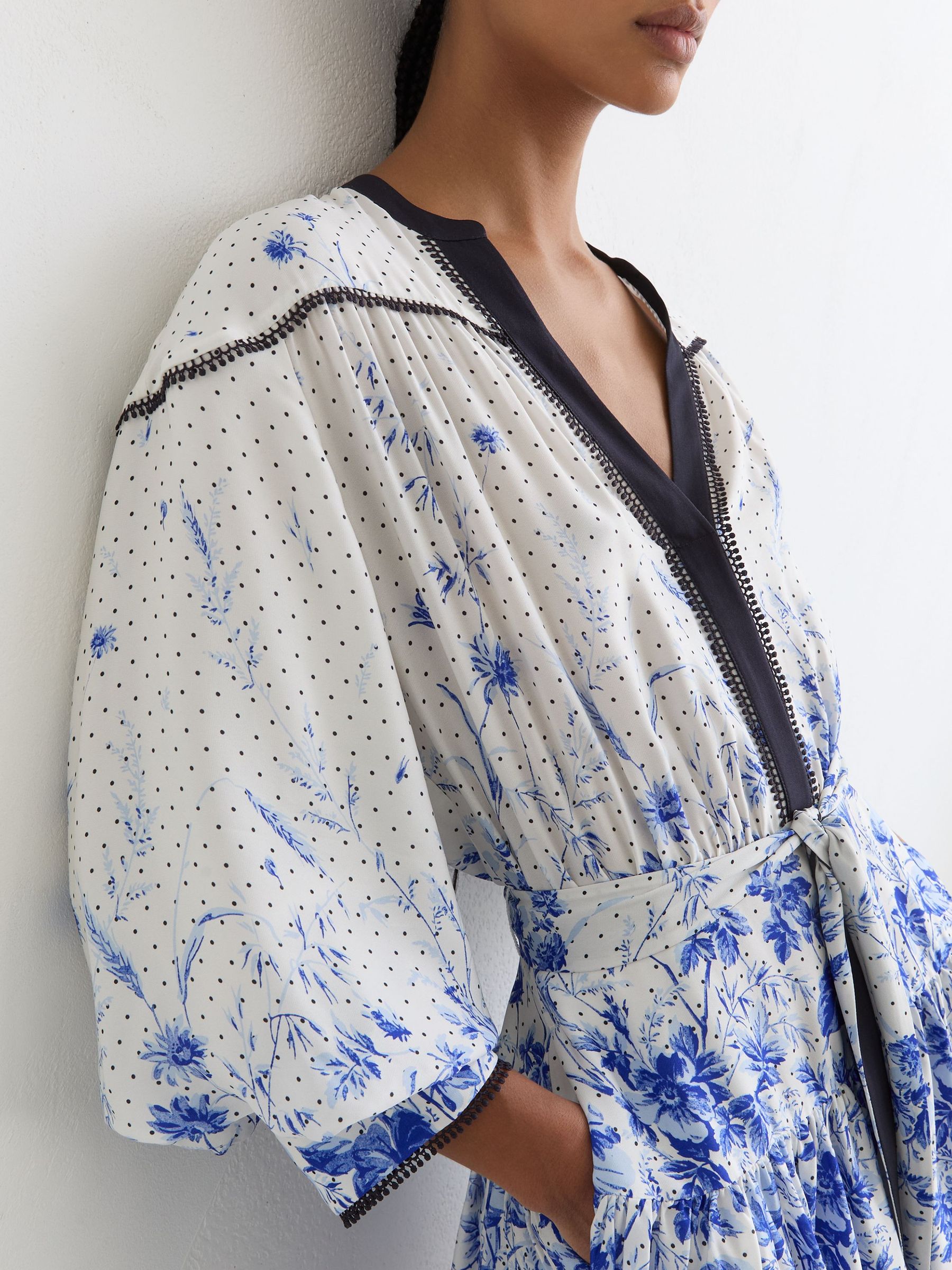 Floral-Print Belted Mini Dress in Ivory/Blue - Image 4 of 6