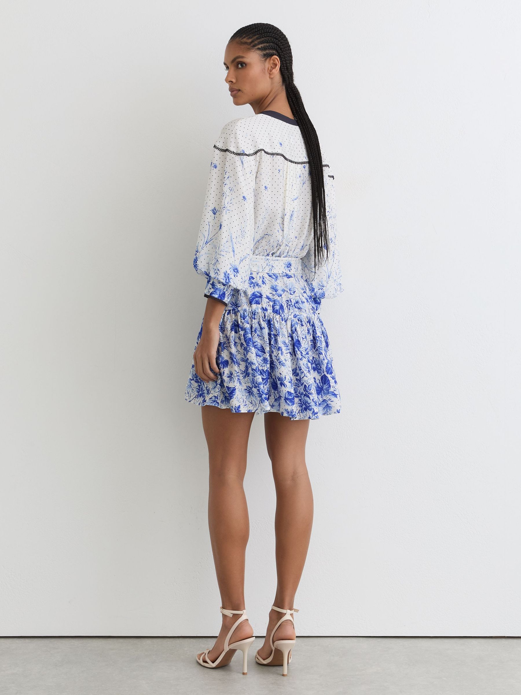 Floral-Print Belted Mini Dress in Ivory/Blue - Image 5 of 6
