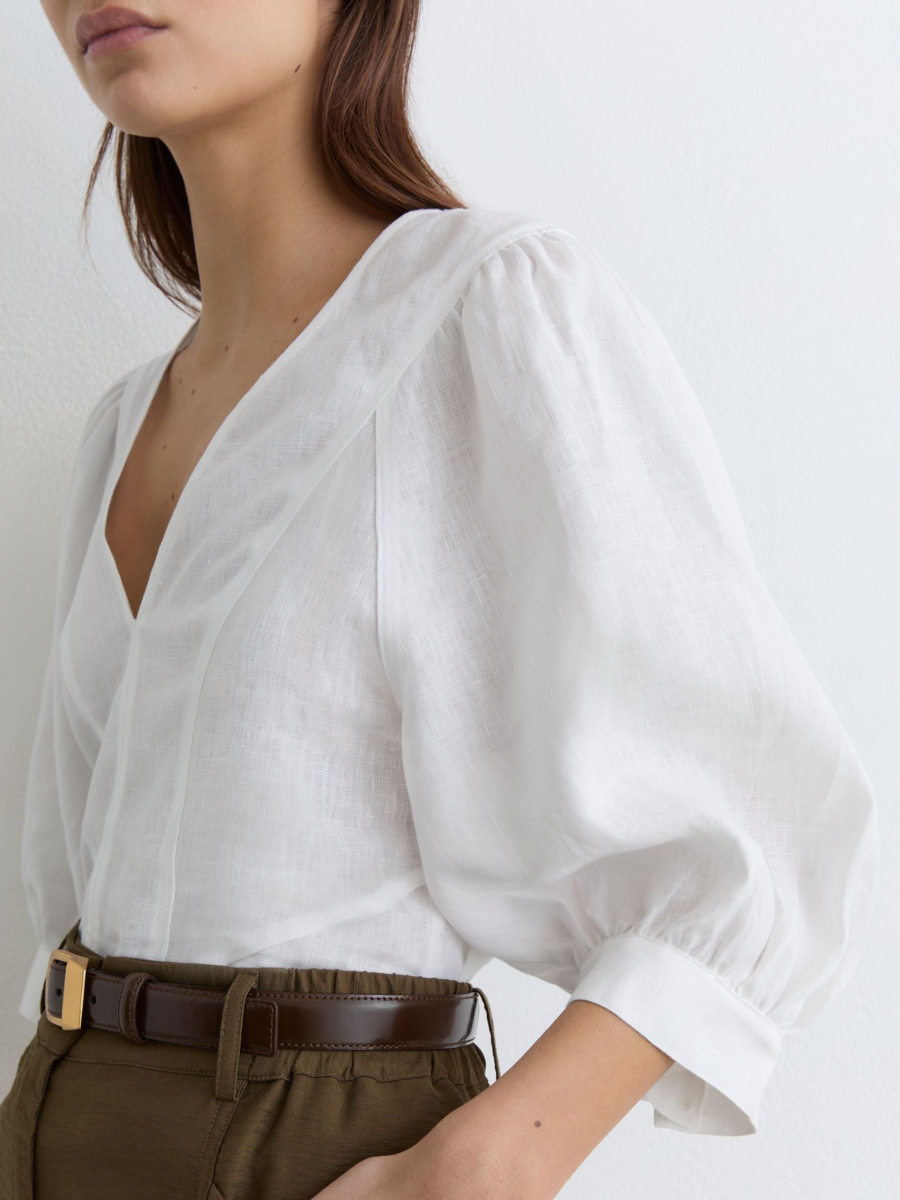 Linen Balloon-Sleeve Top in Ivory - Image 1 of 6