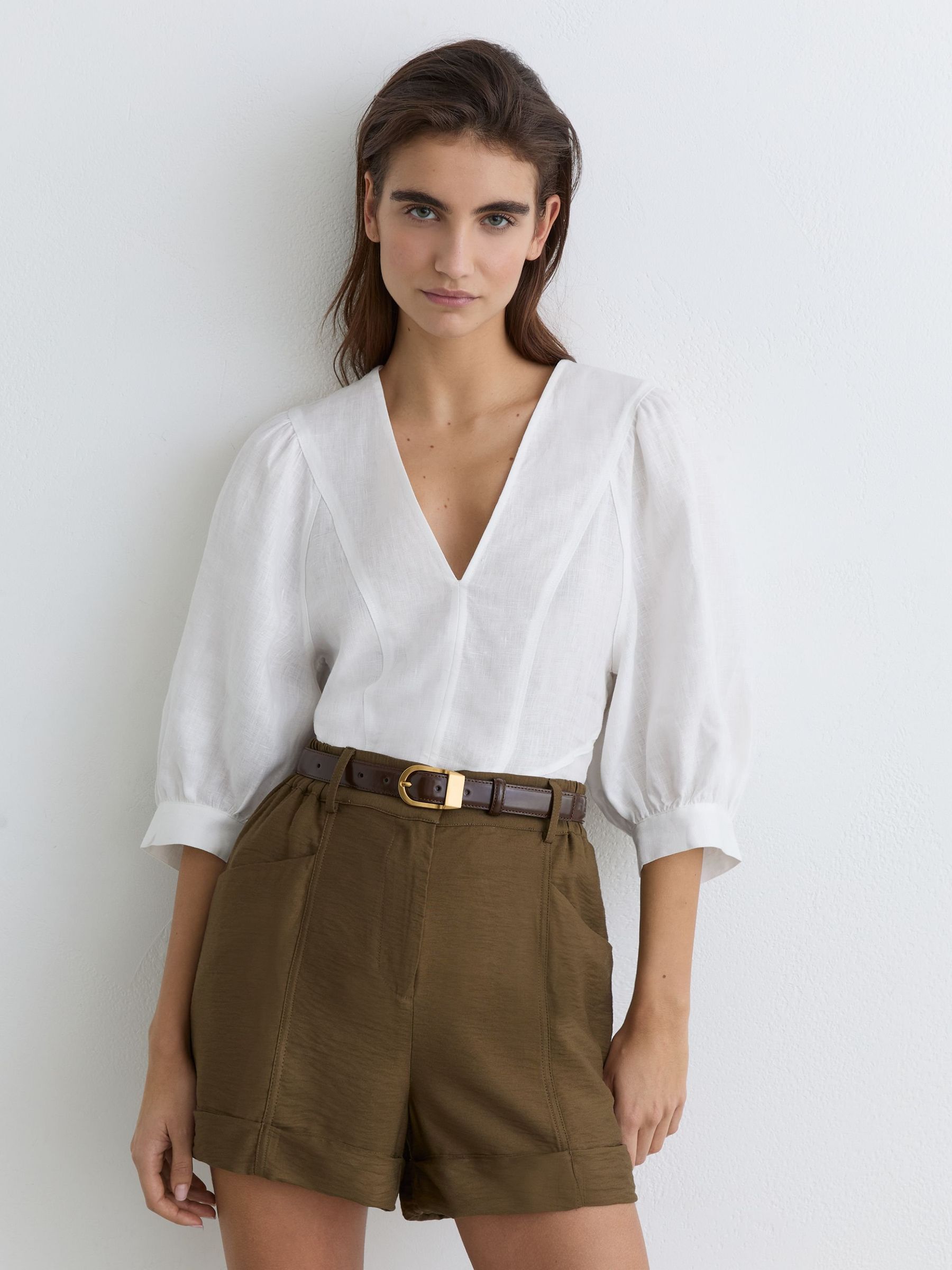 Linen Balloon-Sleeve Top in Ivory - Image 3 of 6