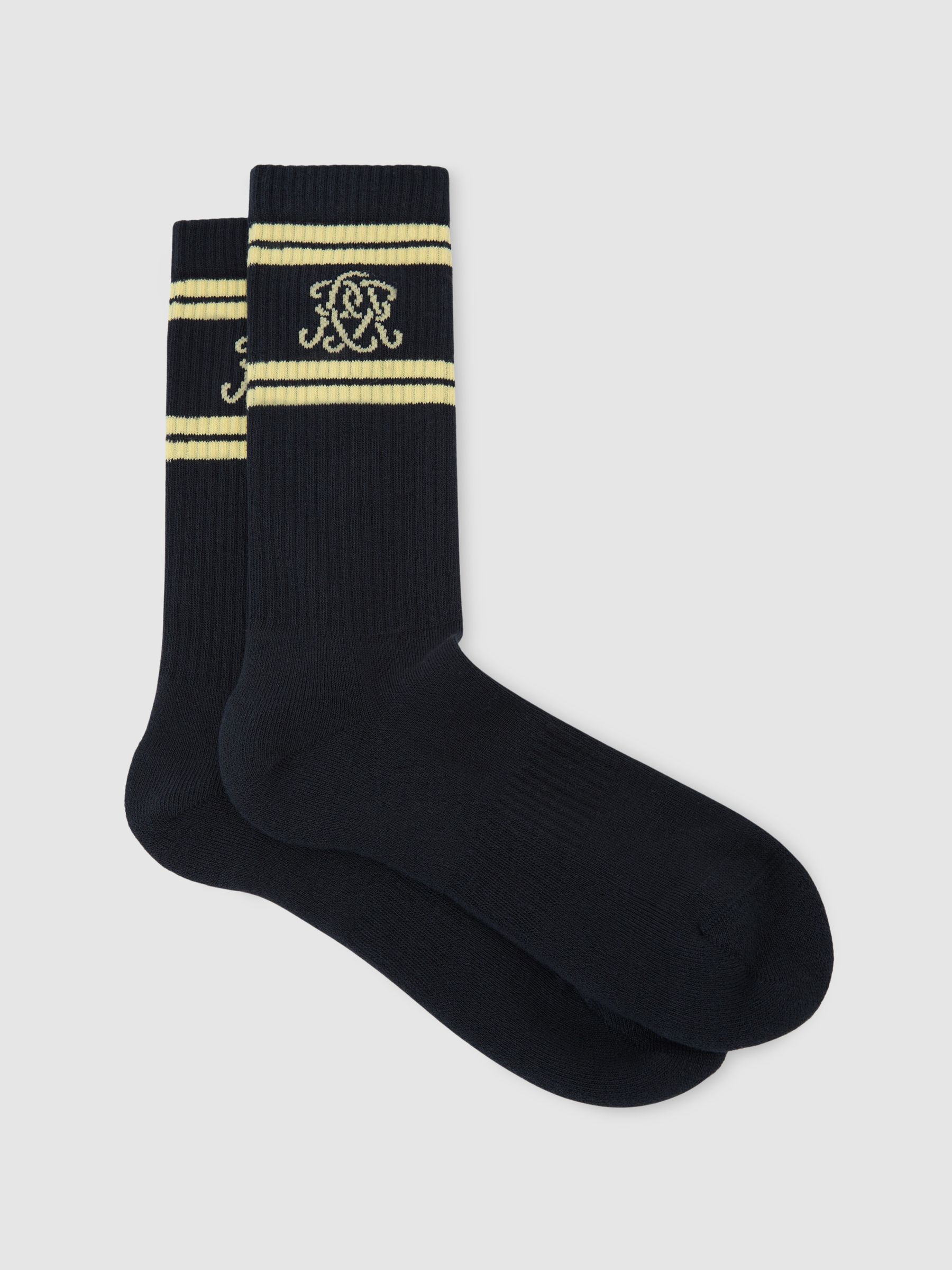 Monogram Cotton-Blend Ribbed Socks in Navy/Yellow - Image 1 of 3