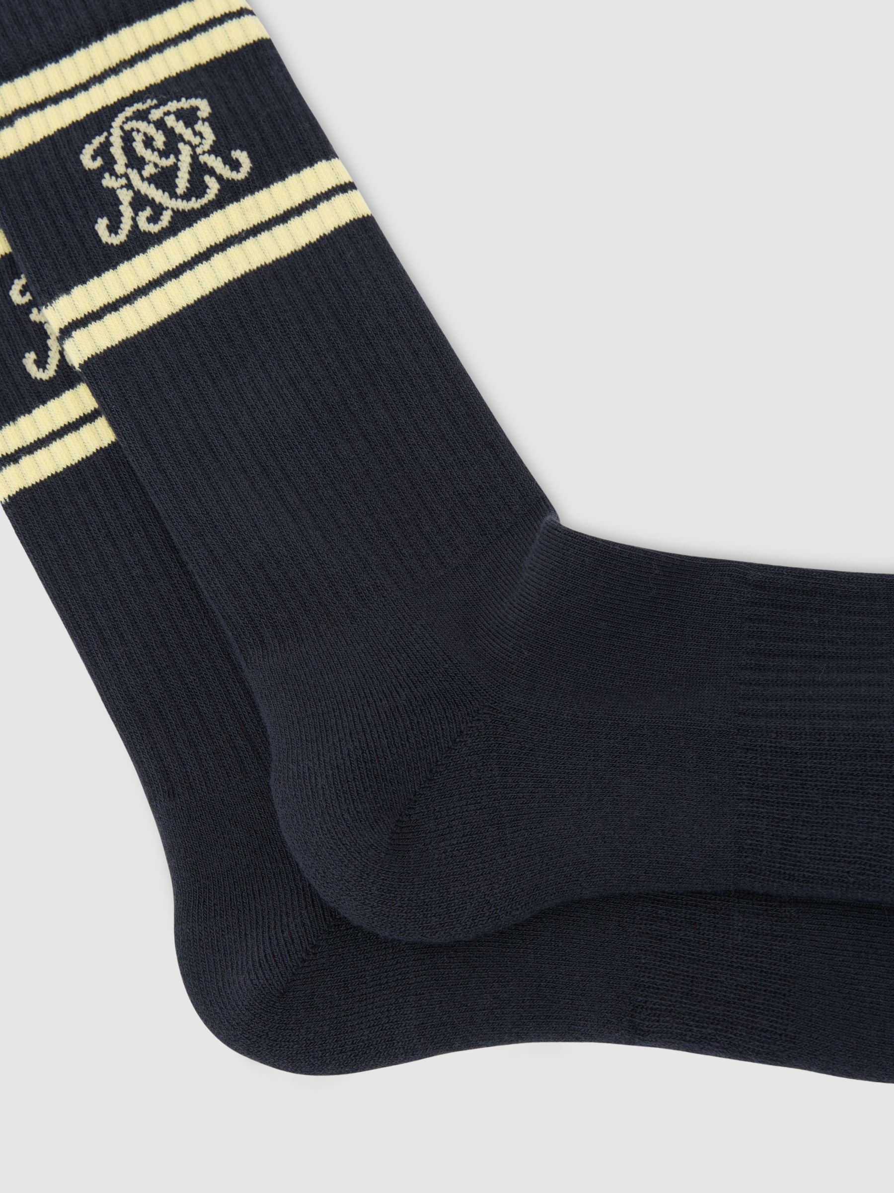 Monogram Cotton-Blend Ribbed Socks in Navy/Yellow - image 1