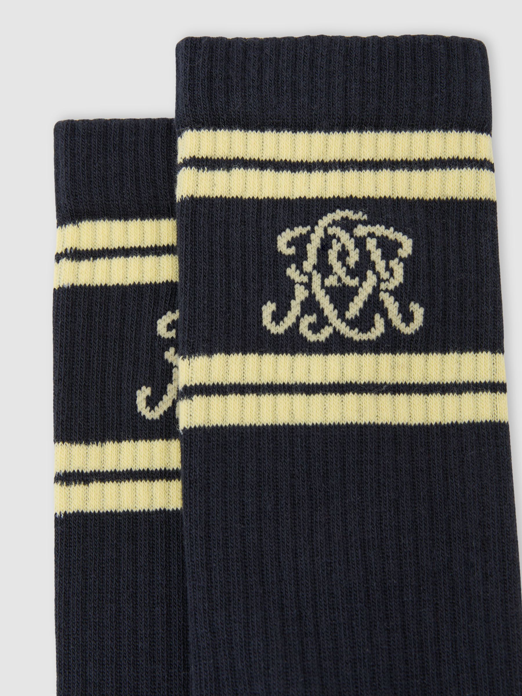 Monogram Cotton-Blend Ribbed Socks in Navy/Yellow - Image 3 of 3