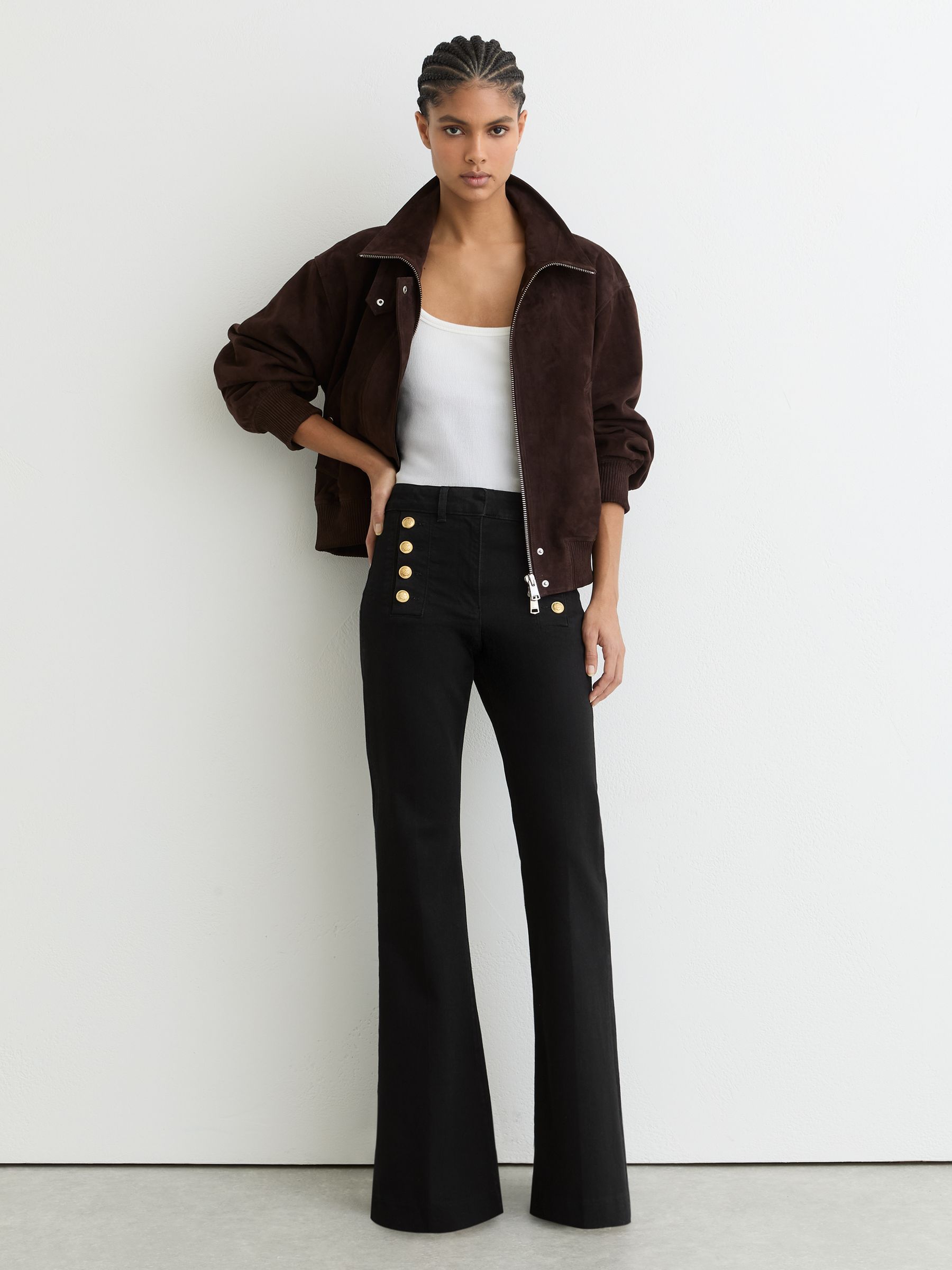 Button-Detail Flared Jeans in Black - Image 1 of 7