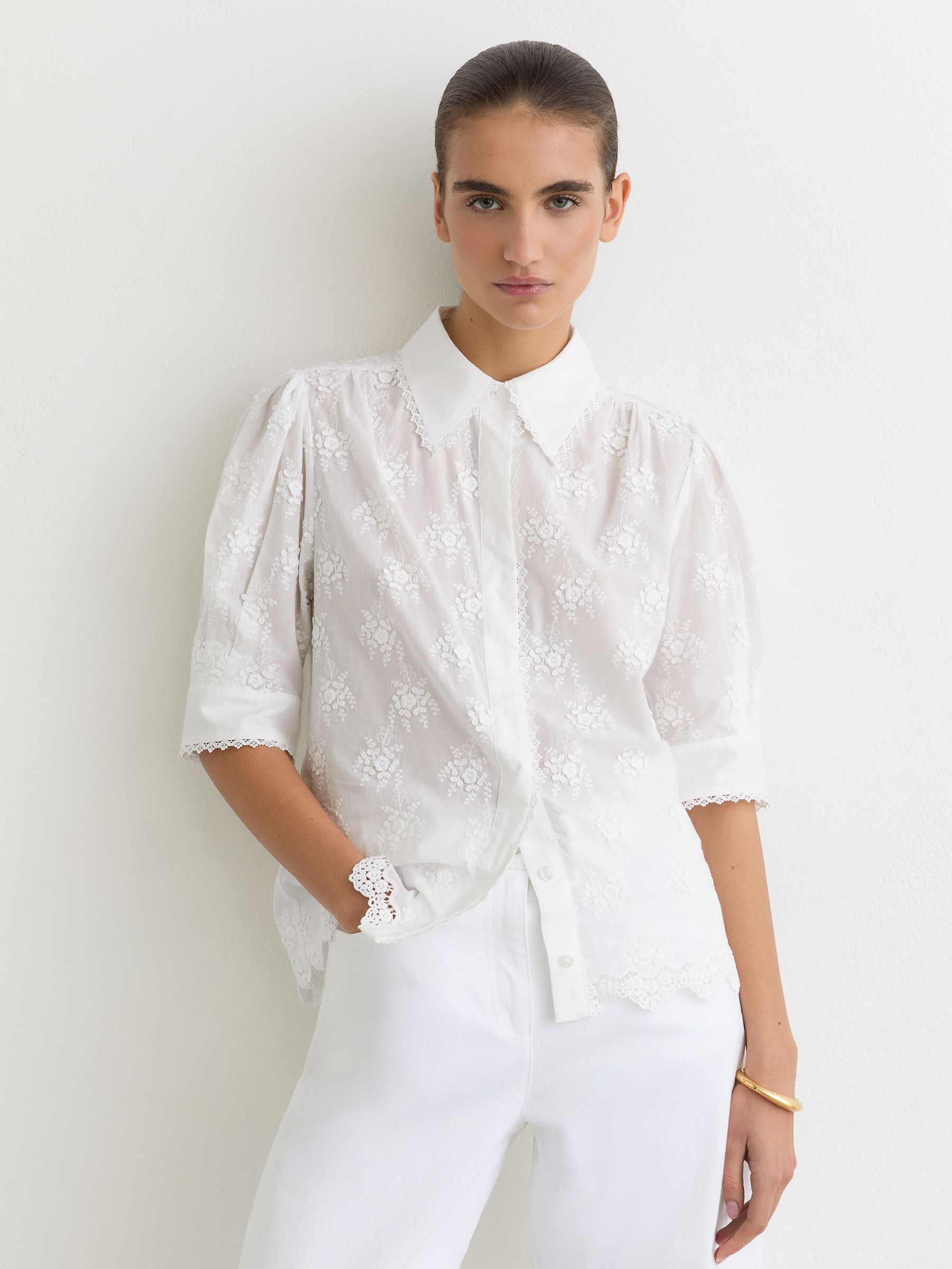 Cotton Floral-Embroidered Shirt in Ivory - image 2