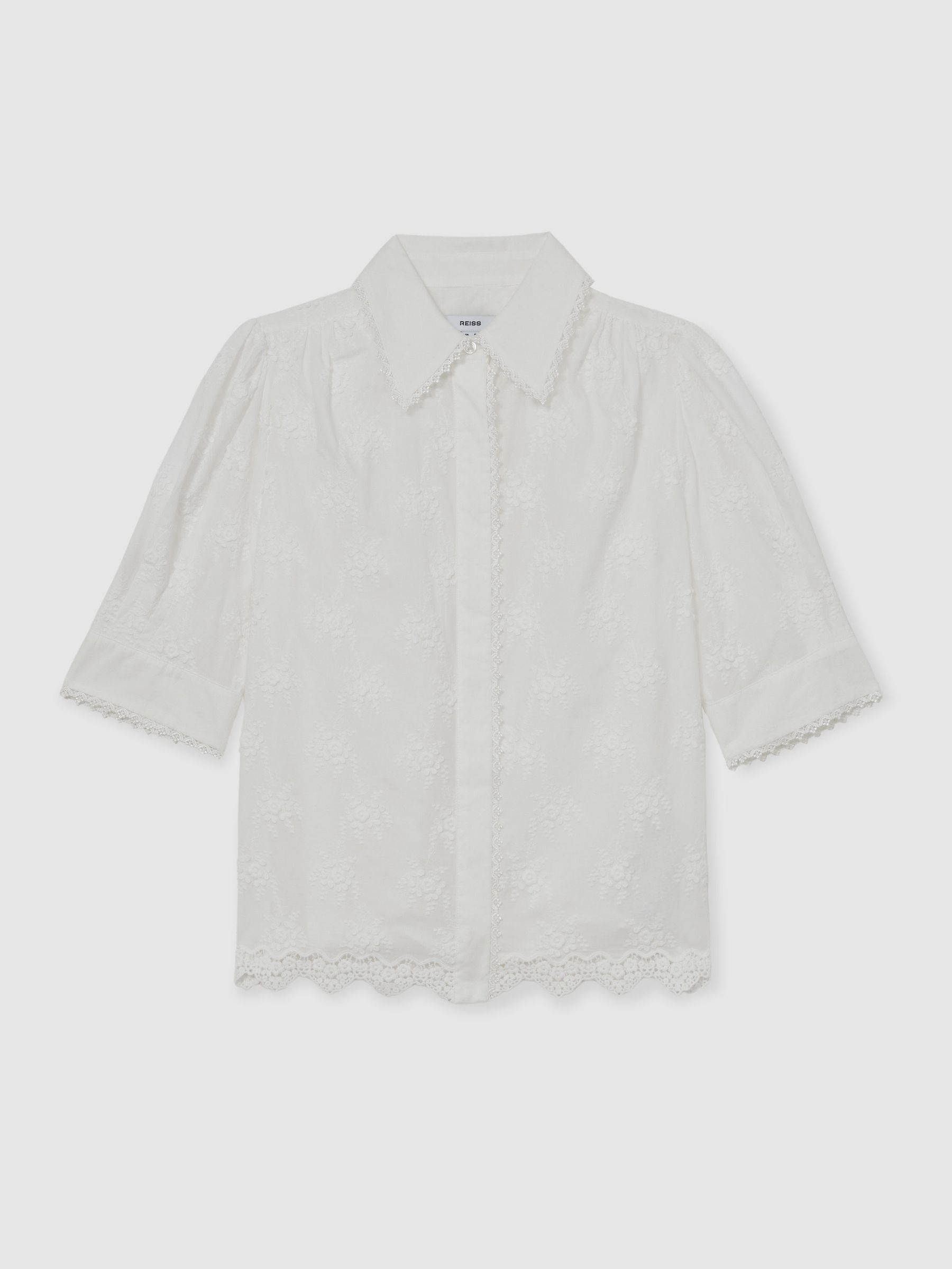 Cotton Floral-Embroidered Shirt in Ivory - Image 2 of 6