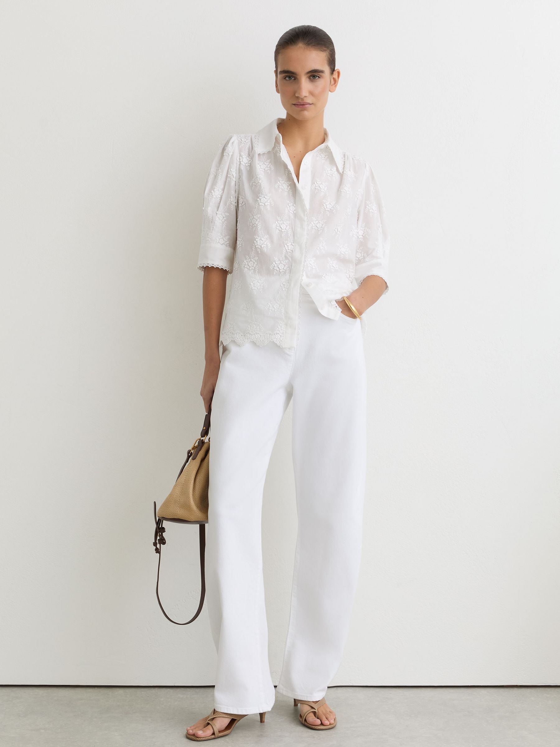 Cotton Floral-Embroidered Shirt in Ivory - Image 3 of 6