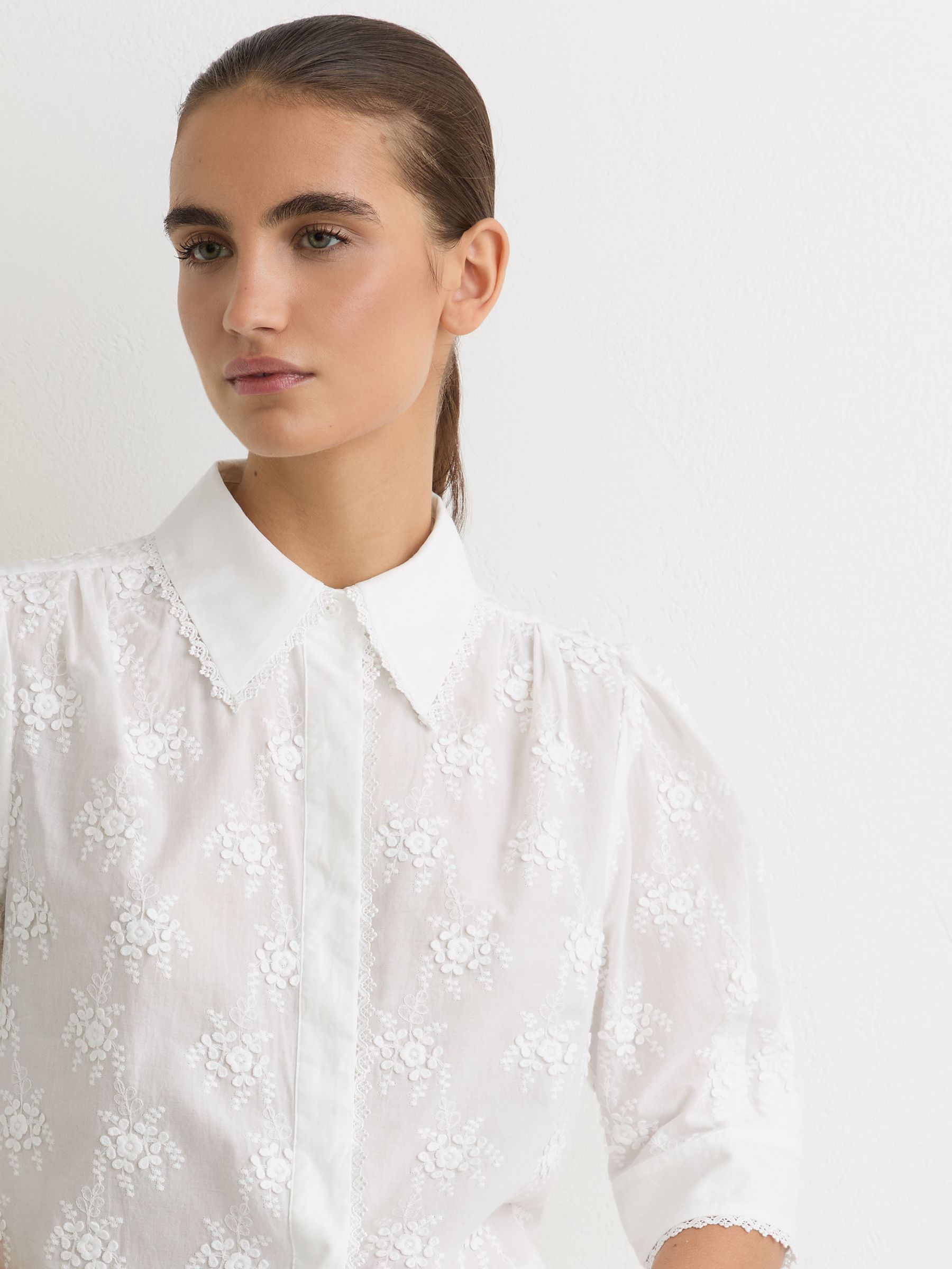 Cotton Floral-Embroidered Shirt in Ivory - Image 4 of 6